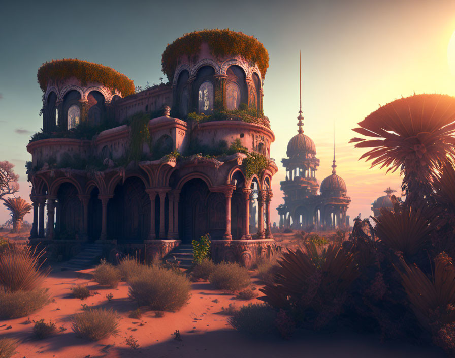 Ancient surreal buildings with overgrown vegetation in a desert sunset.