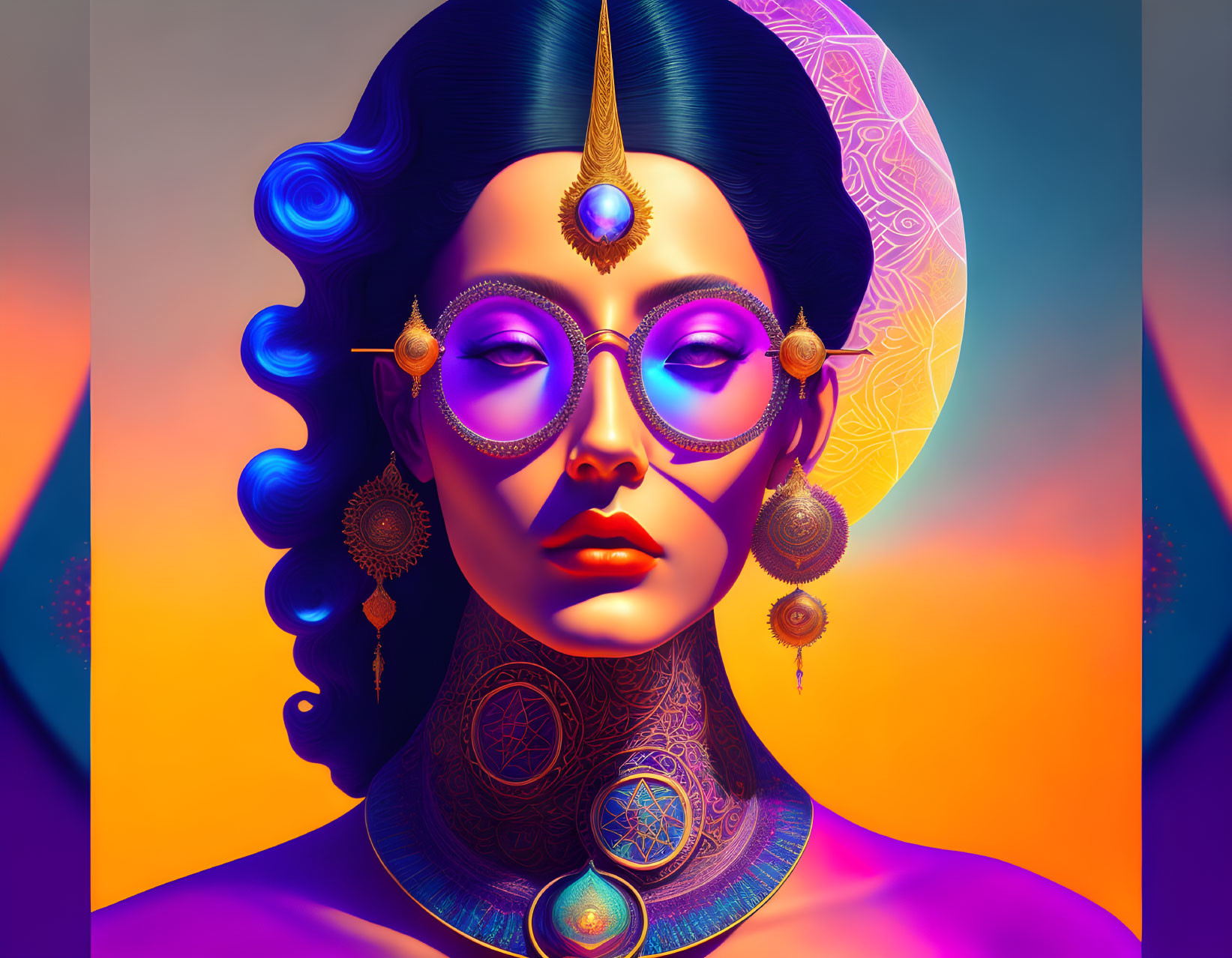 Vibrant illustration of stylized woman with jewelry and celestial background