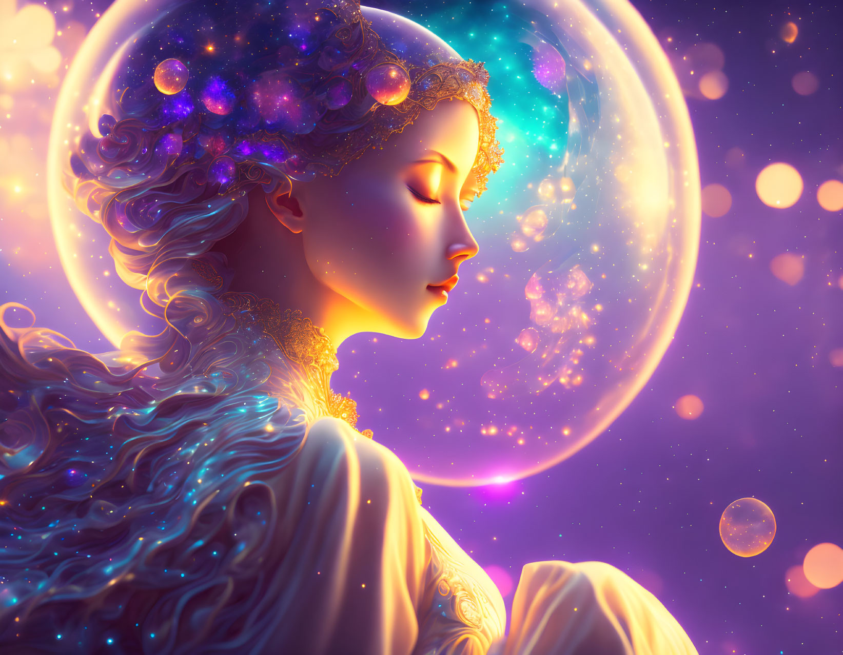 Cosmos-themed digital artwork of a woman with starry hair and moon backdrop