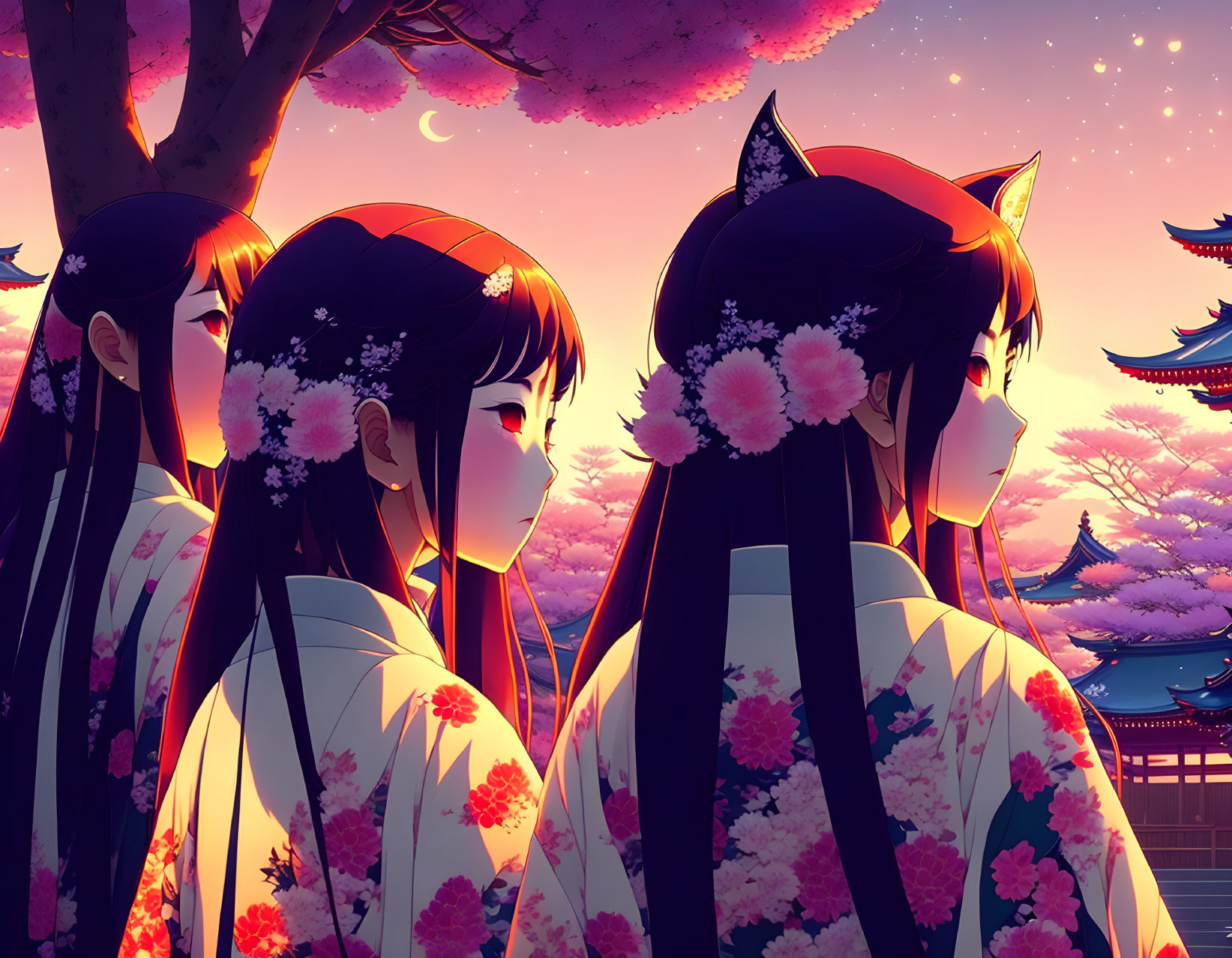 Two characters in kimonos with fox ears under crescent moon