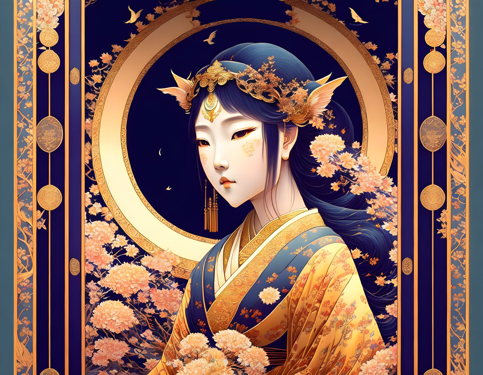 Stylized woman with fox-like features on golden and blue floral background