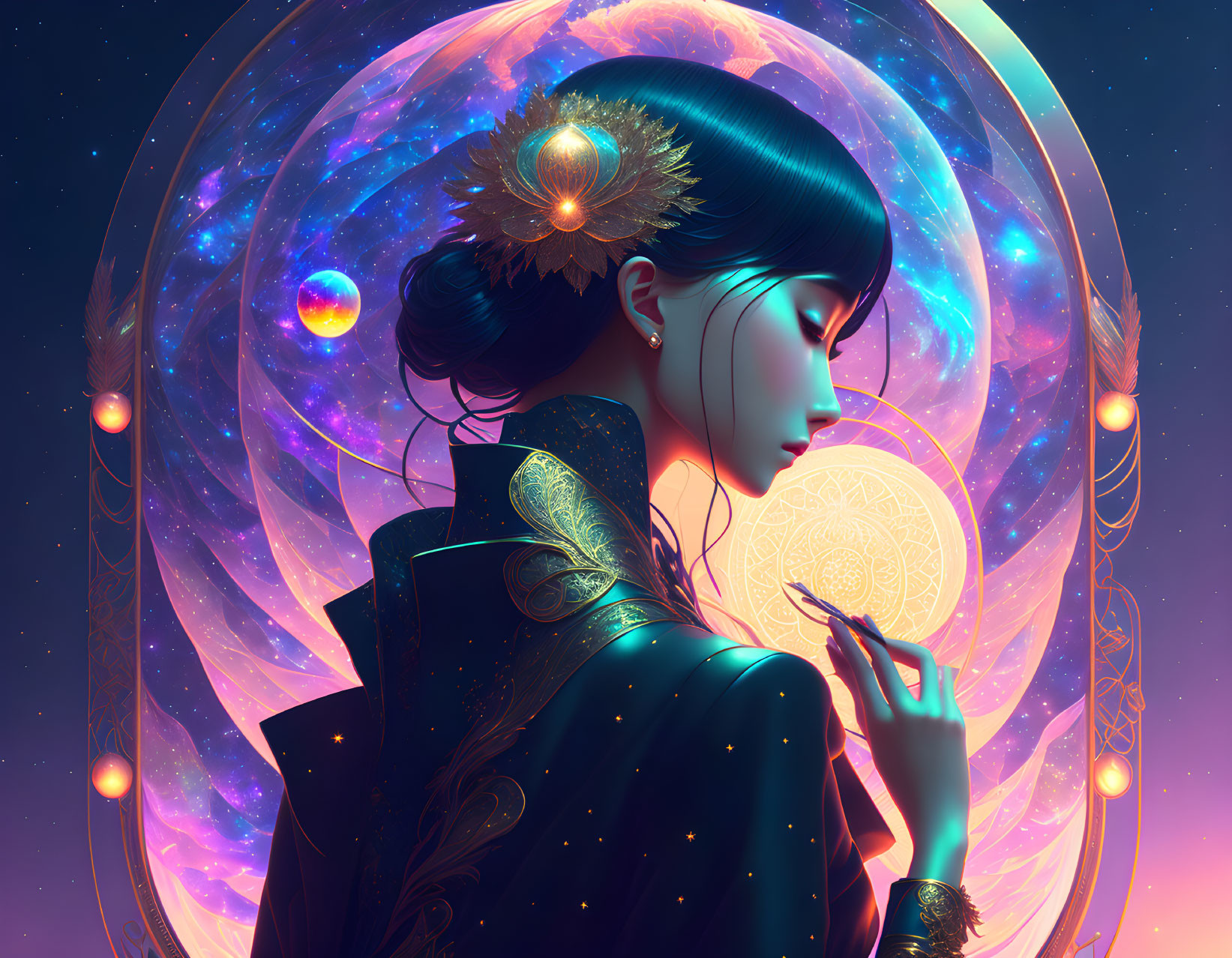 Illustrated Woman in Traditional Attire with Celestial Elements and Glowing Orbs