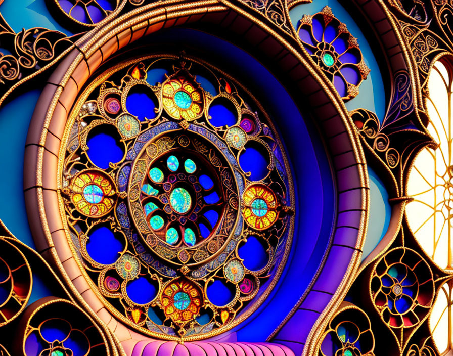 Colorful fractal art with circular and floral patterns in purple, gold, and blue.