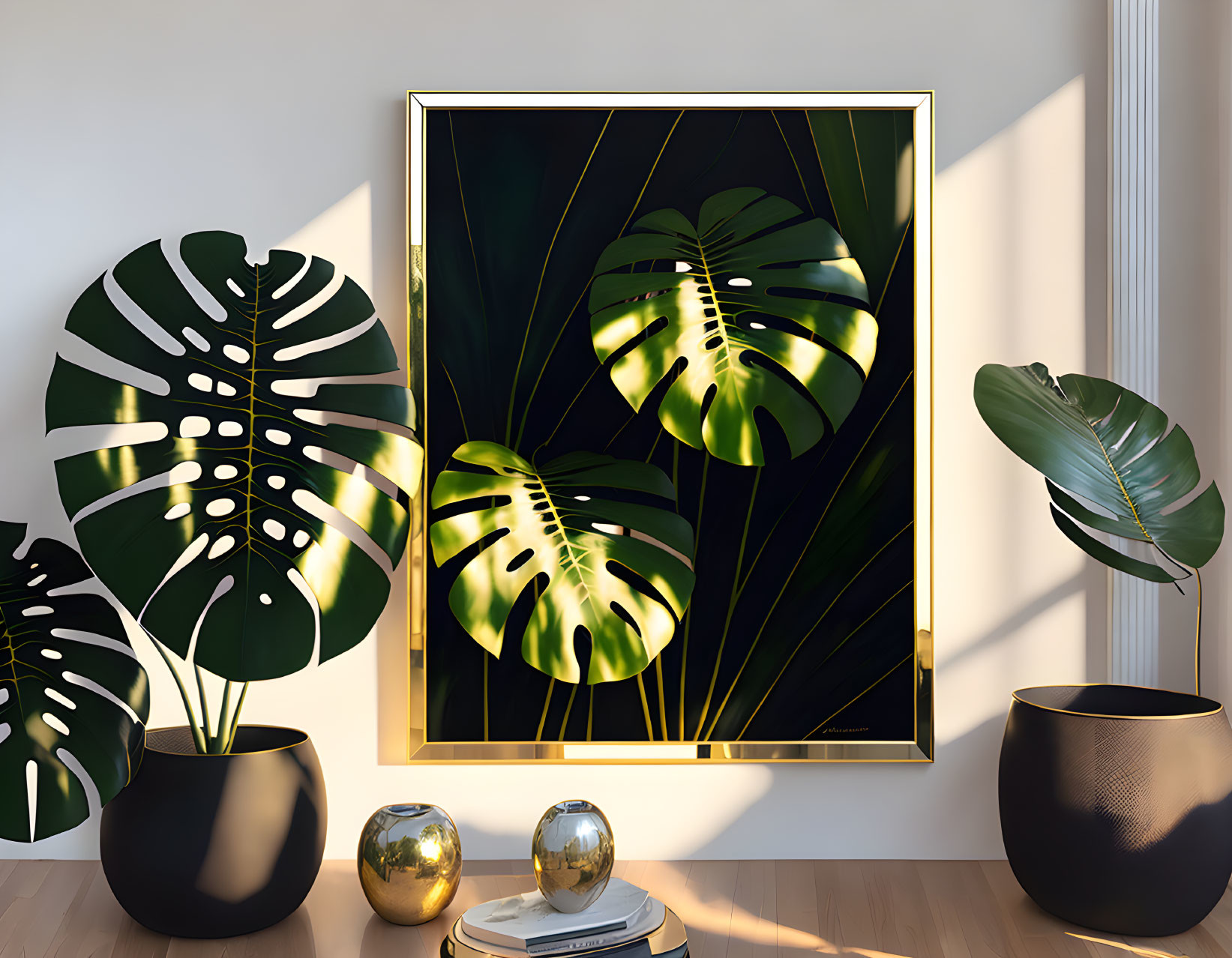 Tropical Leaf Artwork with Monstera Leaves, Golden Spheres, Wooden Floor