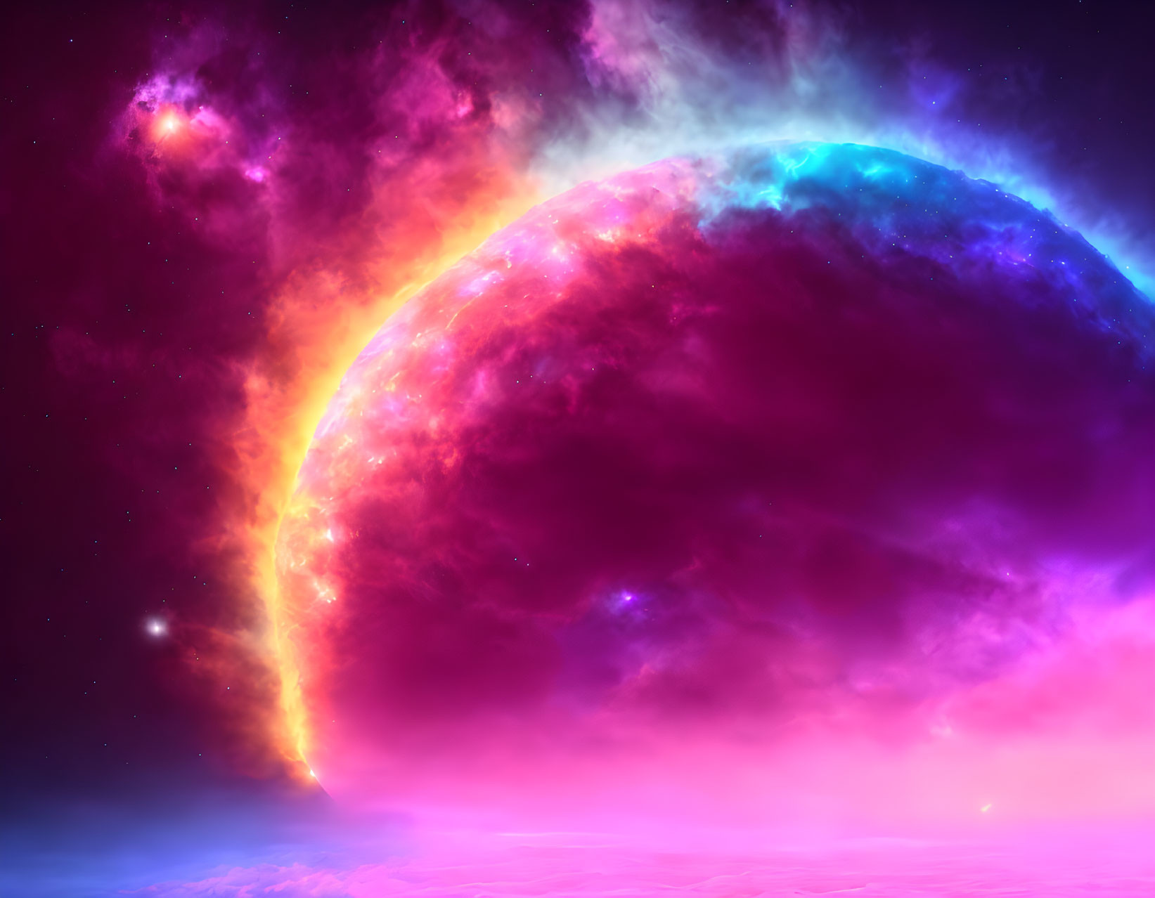 Colorful Planet in Cosmic Space with Pink, Purple, Blue, and Orange Hues