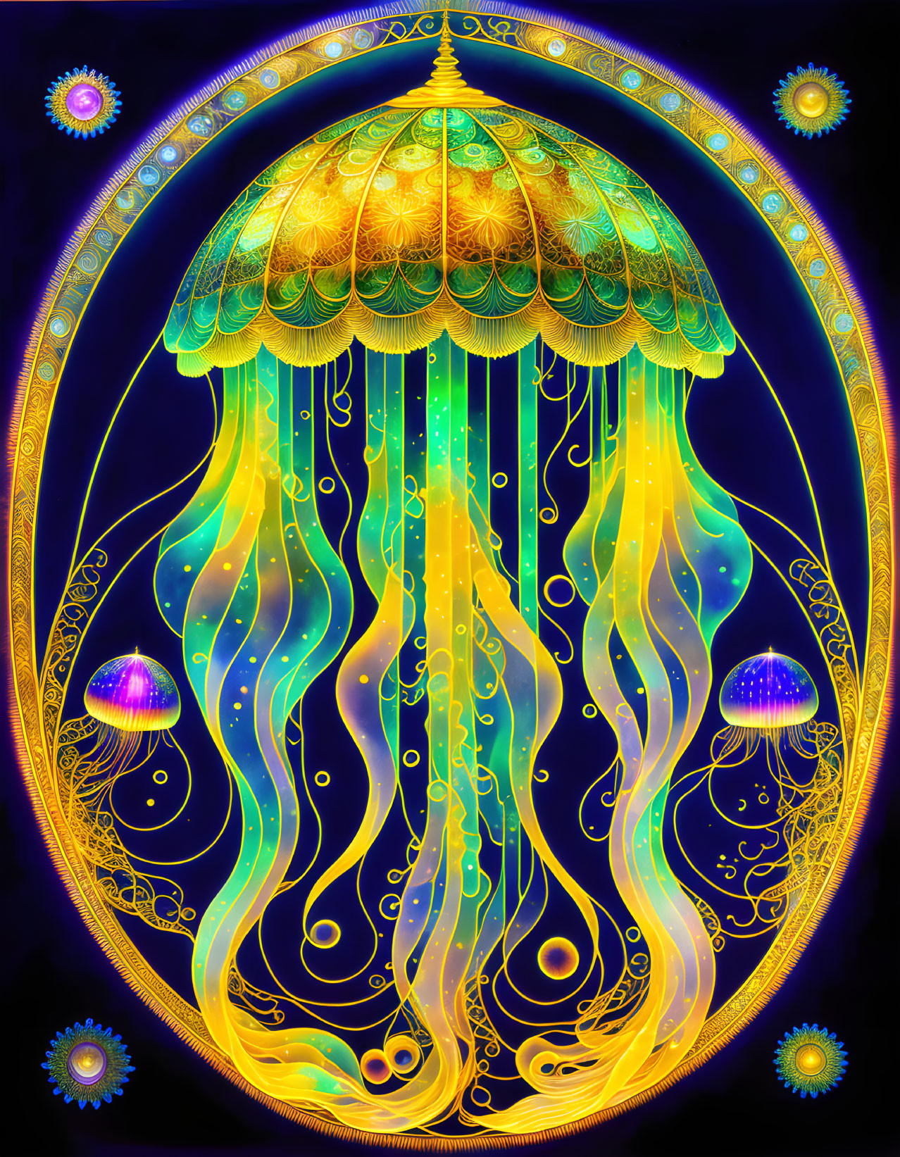 Colorful Jellyfish with Golden Dome and Neon Tentacles on Dark Background