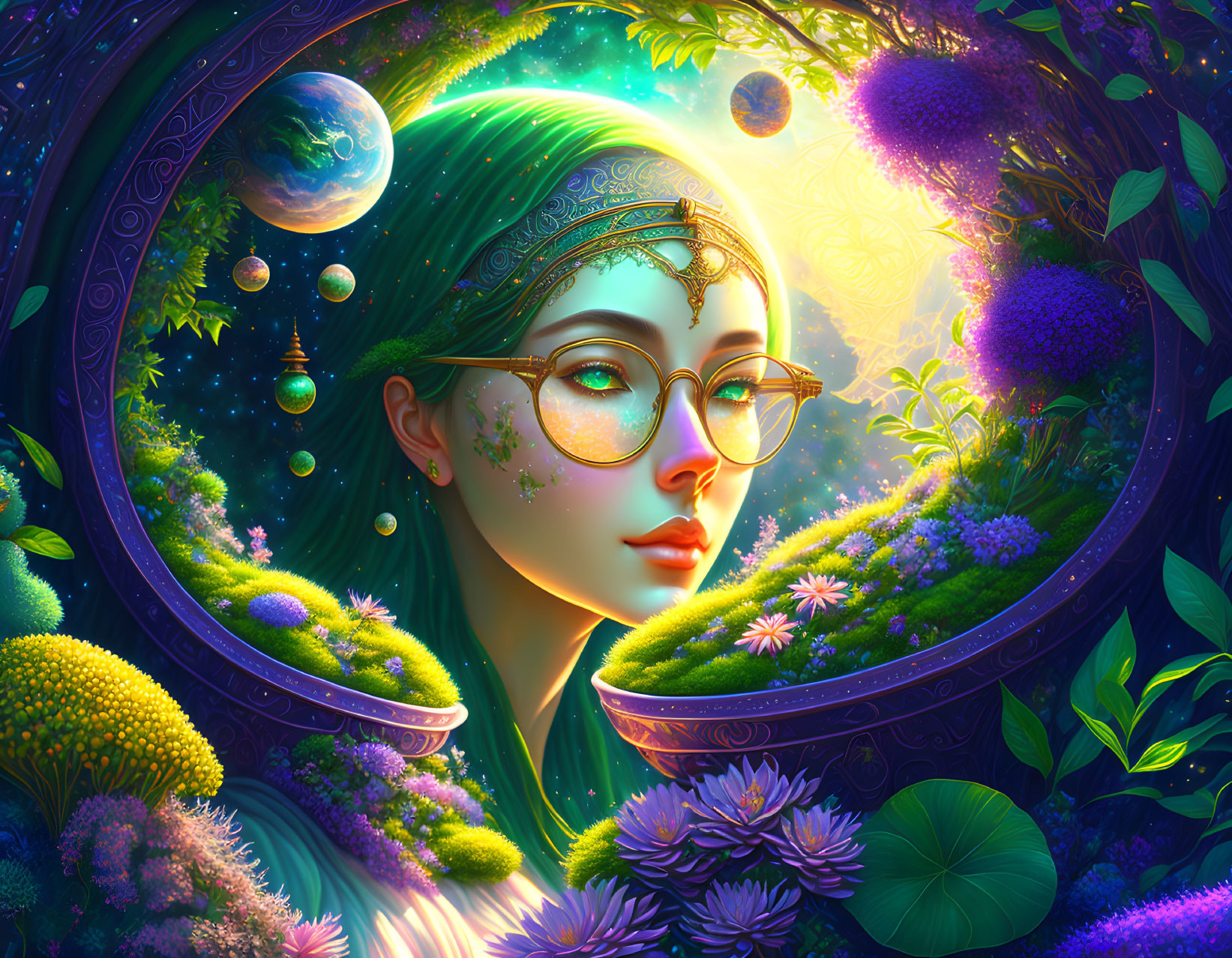 Colorful artwork featuring a woman in lush nature and celestial elements