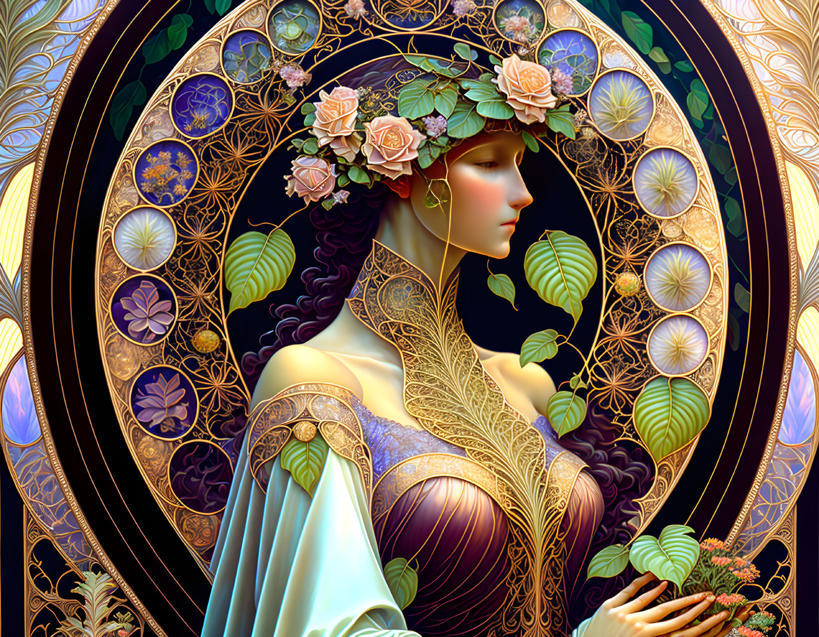 Detailed Art Nouveau Woman with Floral Headdress & Gold Botanical Motifs