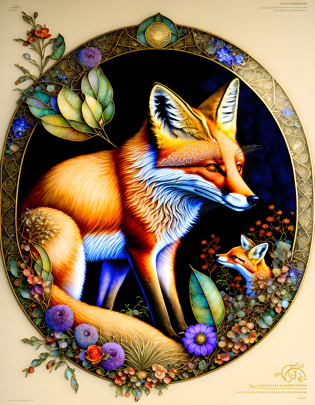 Detailed Fox Illustration with Vibrant Flowers in Oval Border