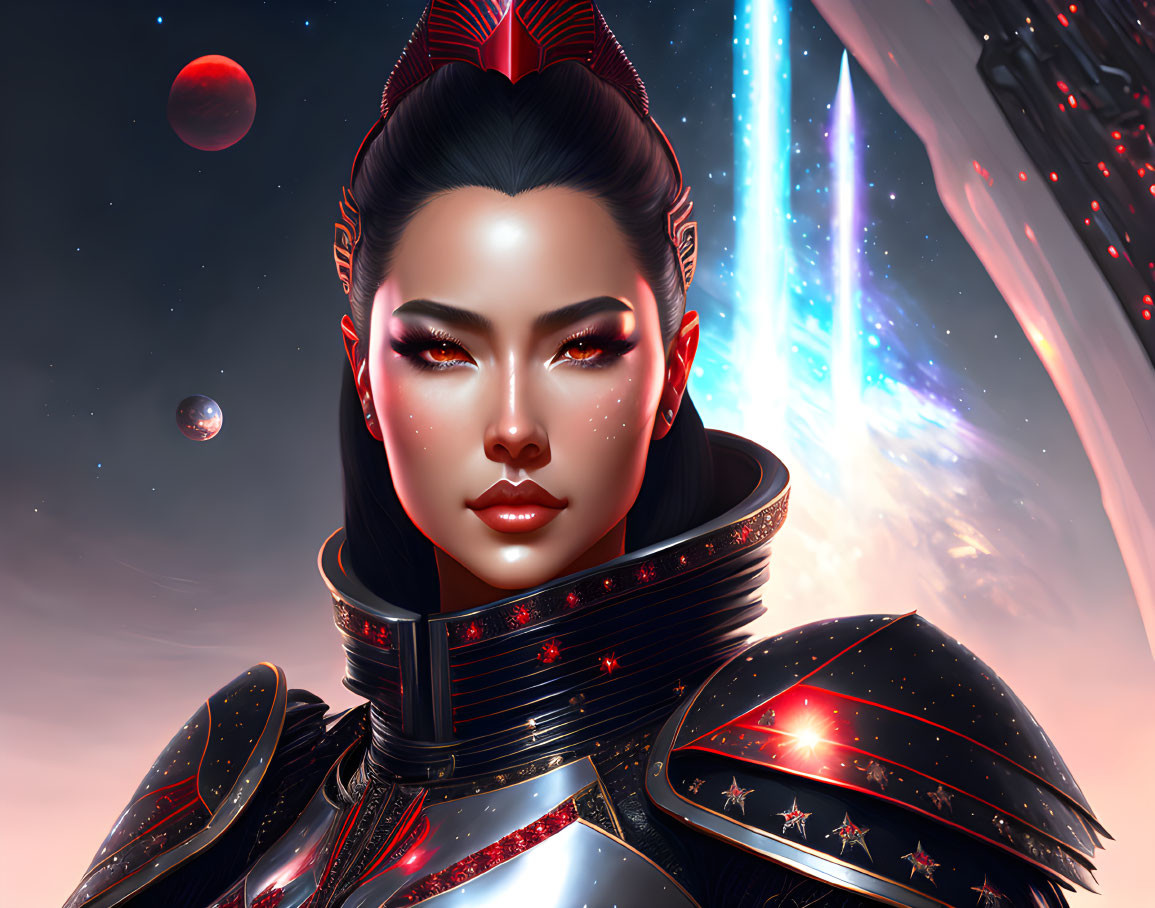 Futuristic armor woman in cosmic digital artwork