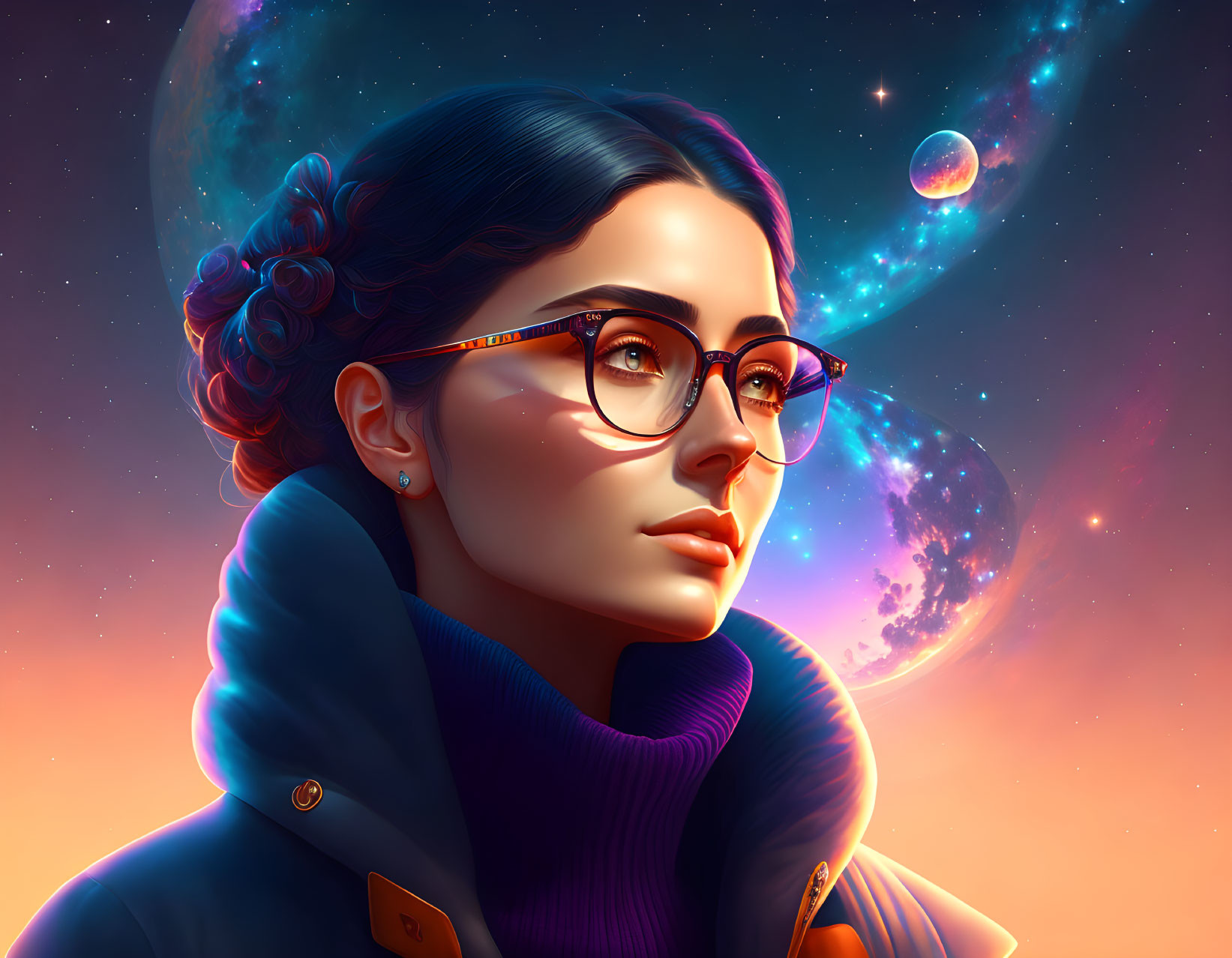 Vibrant digital portrait of a woman with glasses against cosmic backdrop