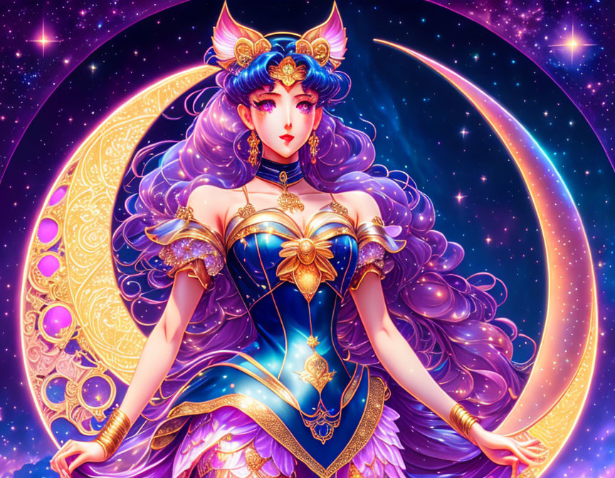 Colorful Woman with Long Purple Hair in Celestial Dress on Cosmic Background