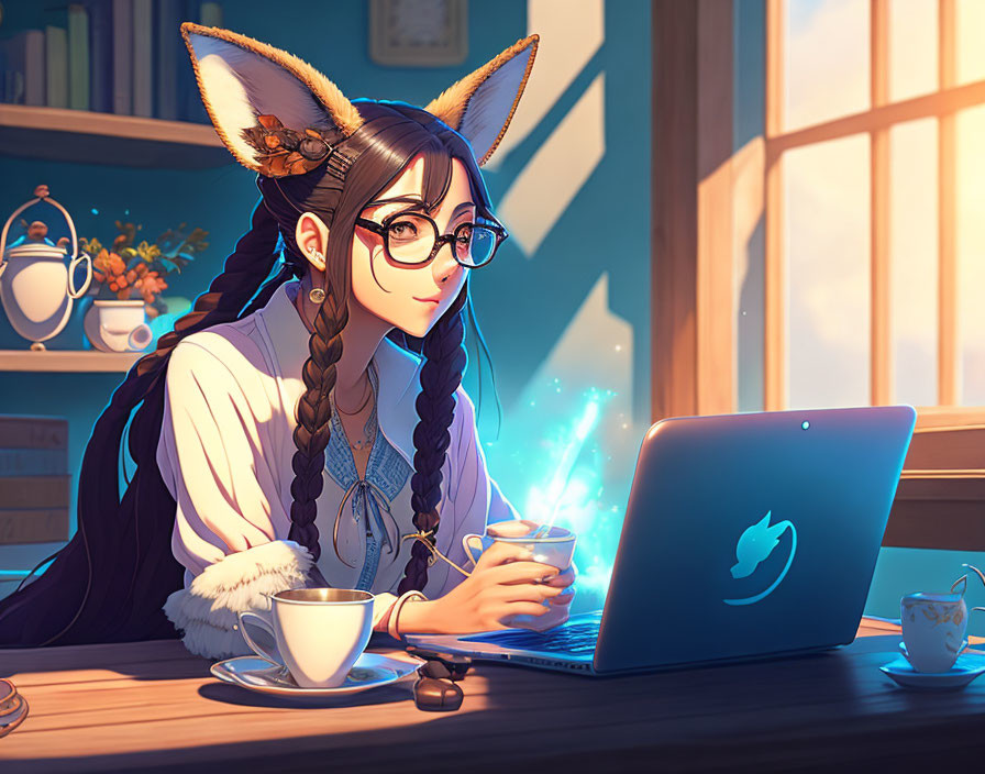 Animated character with fox ears and braids working on laptop in cozy room with sunlight and tea.