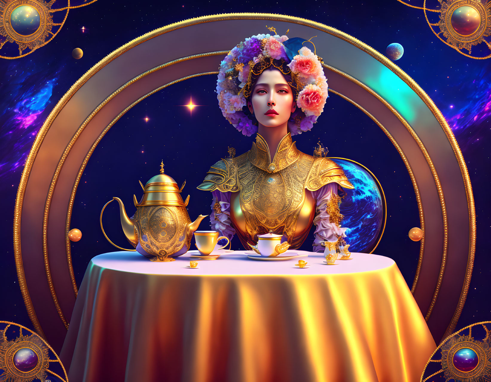 Surreal portrait of woman in golden armor with floral headpiece in cosmic setting