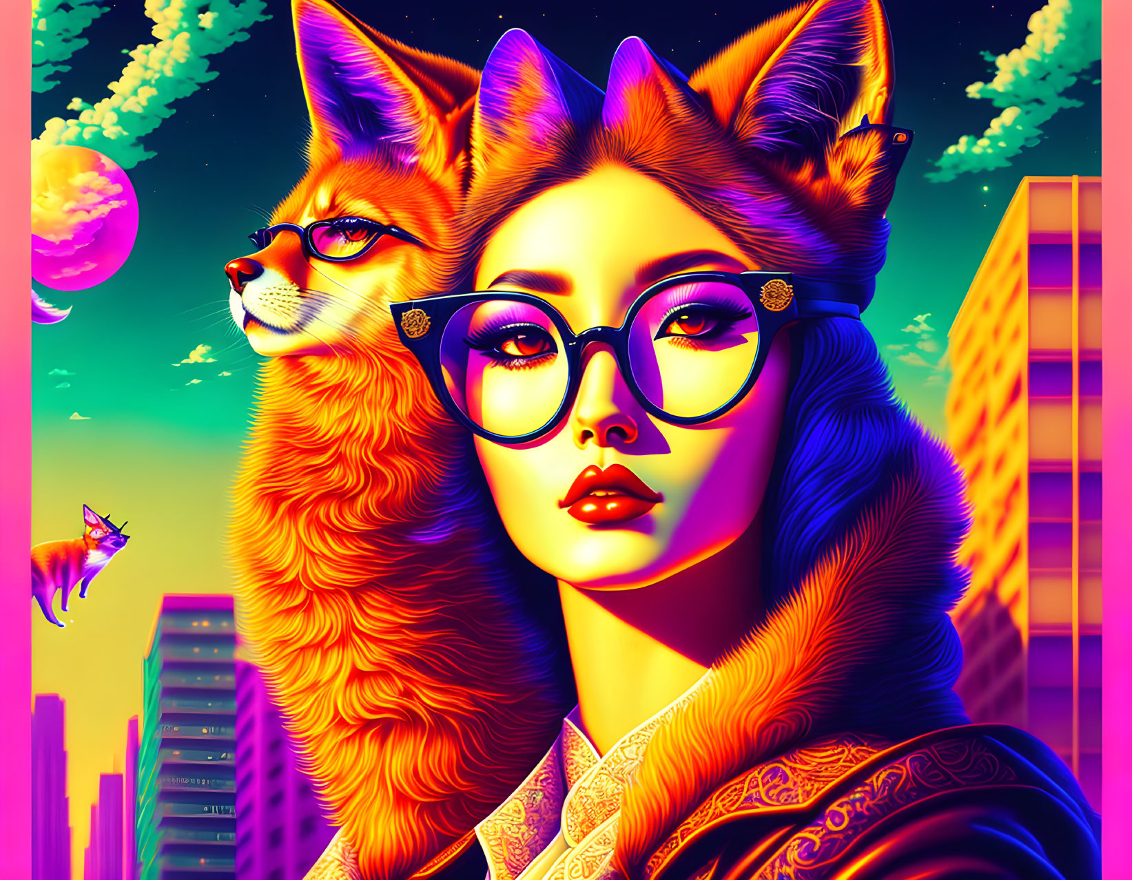 Digital artwork: Woman's face merges with fox features in neon-lit cityscape