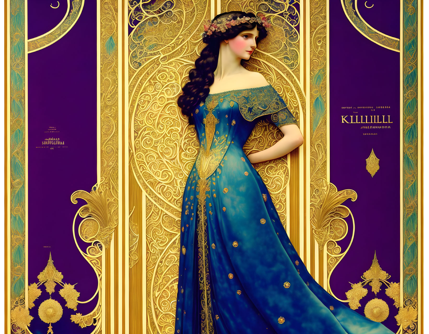 Woman in Blue and Gold Dress with Art Nouveau Background