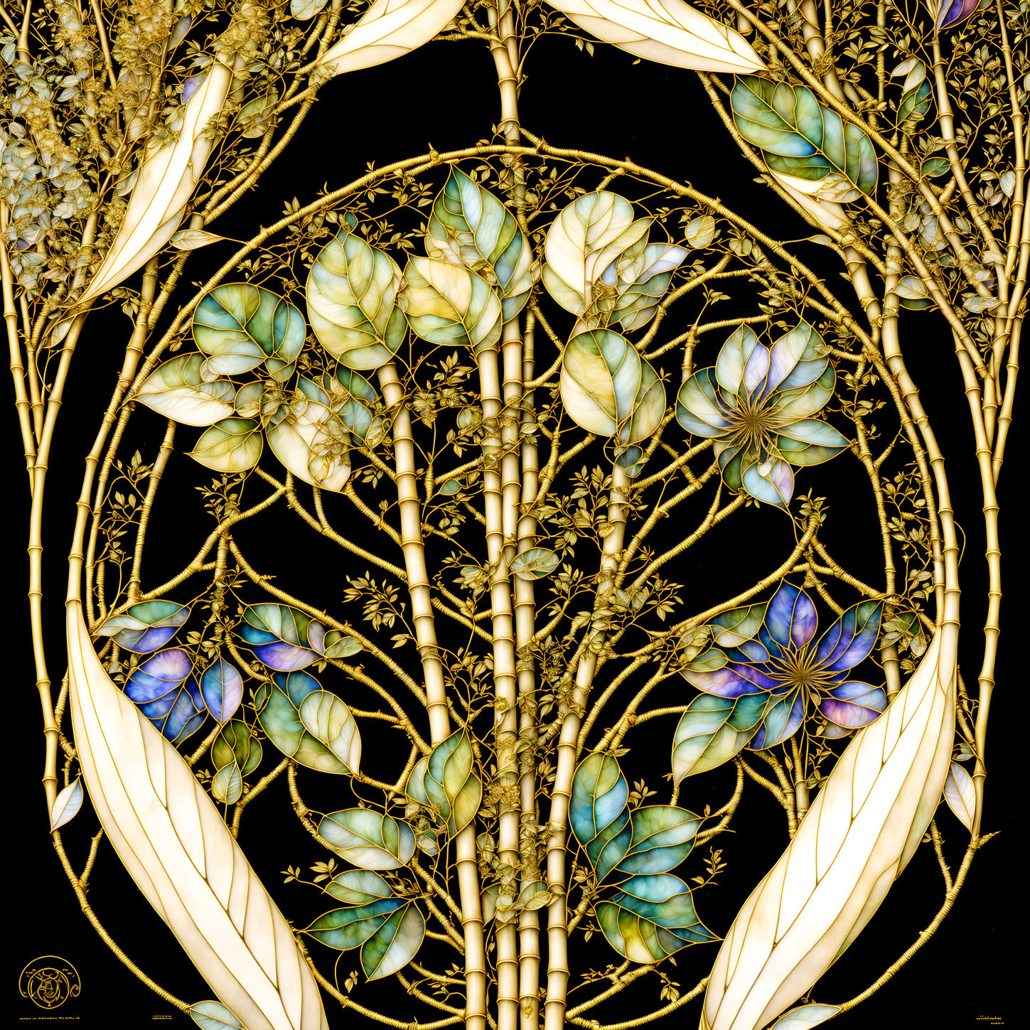 Art Nouveau stained glass design with botanical motif