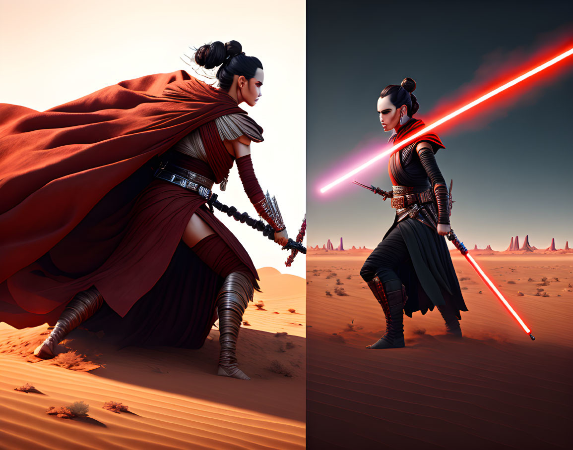 Split Image: Red Lightsaber Character in Dynamic Poses on Desert Background