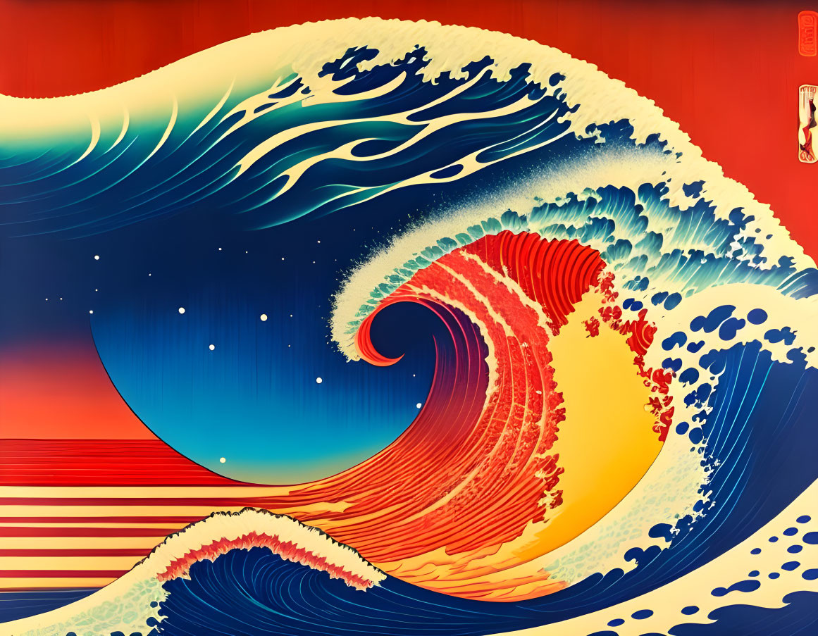 Colorful Stylized Wave Illustration with Starry Night Sky Blend