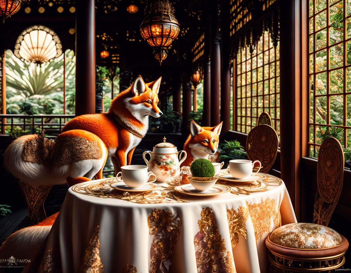 Foxes at traditional Chinese tea setting with intricate design lamps & window frames