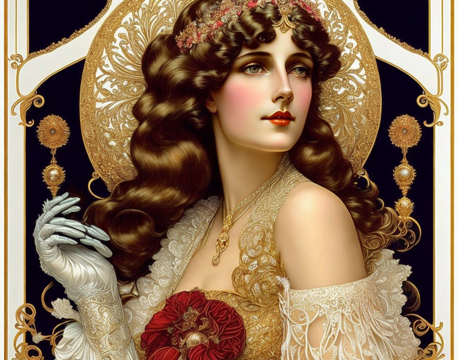 Illustration of woman with wavy hair, floral adornments, white dress, ornate necklace,