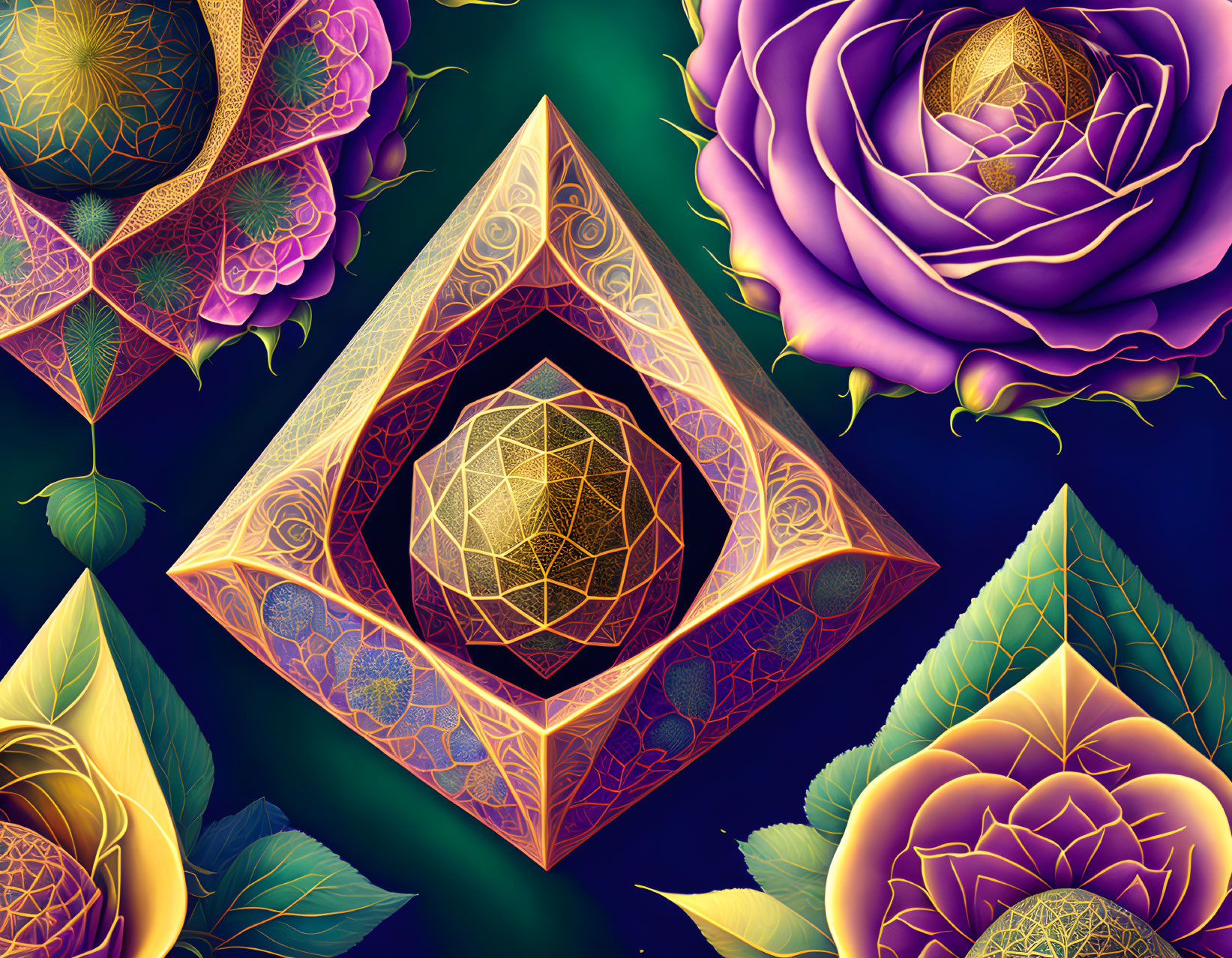 Colorful Geometric Diamond with Flowers on Dark Background