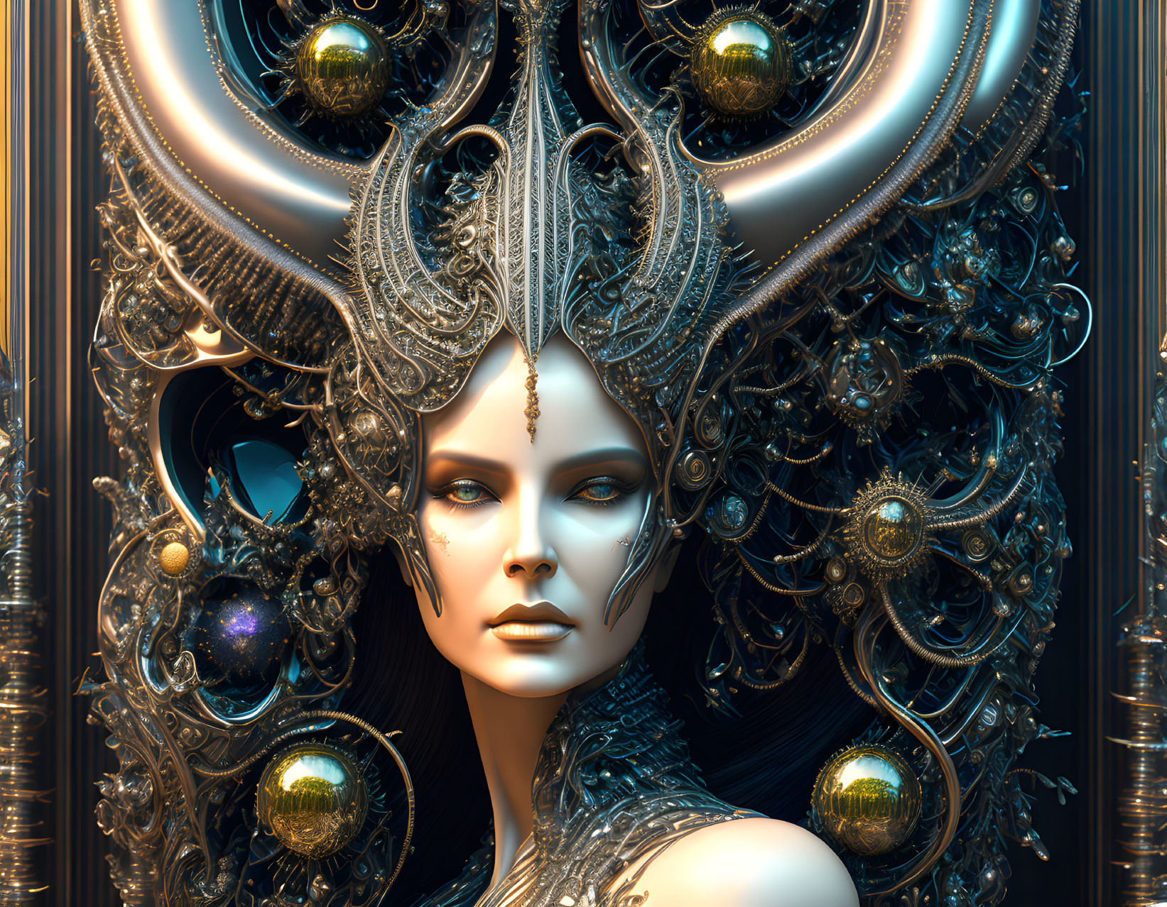 Digital Artwork: Female Figure with Elaborate Metallic Headgear and Dark Curly Hair