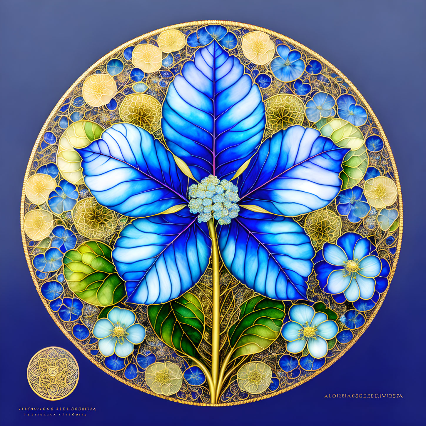 Intricate Blue Flower Mandala Design on Deep Blue Background