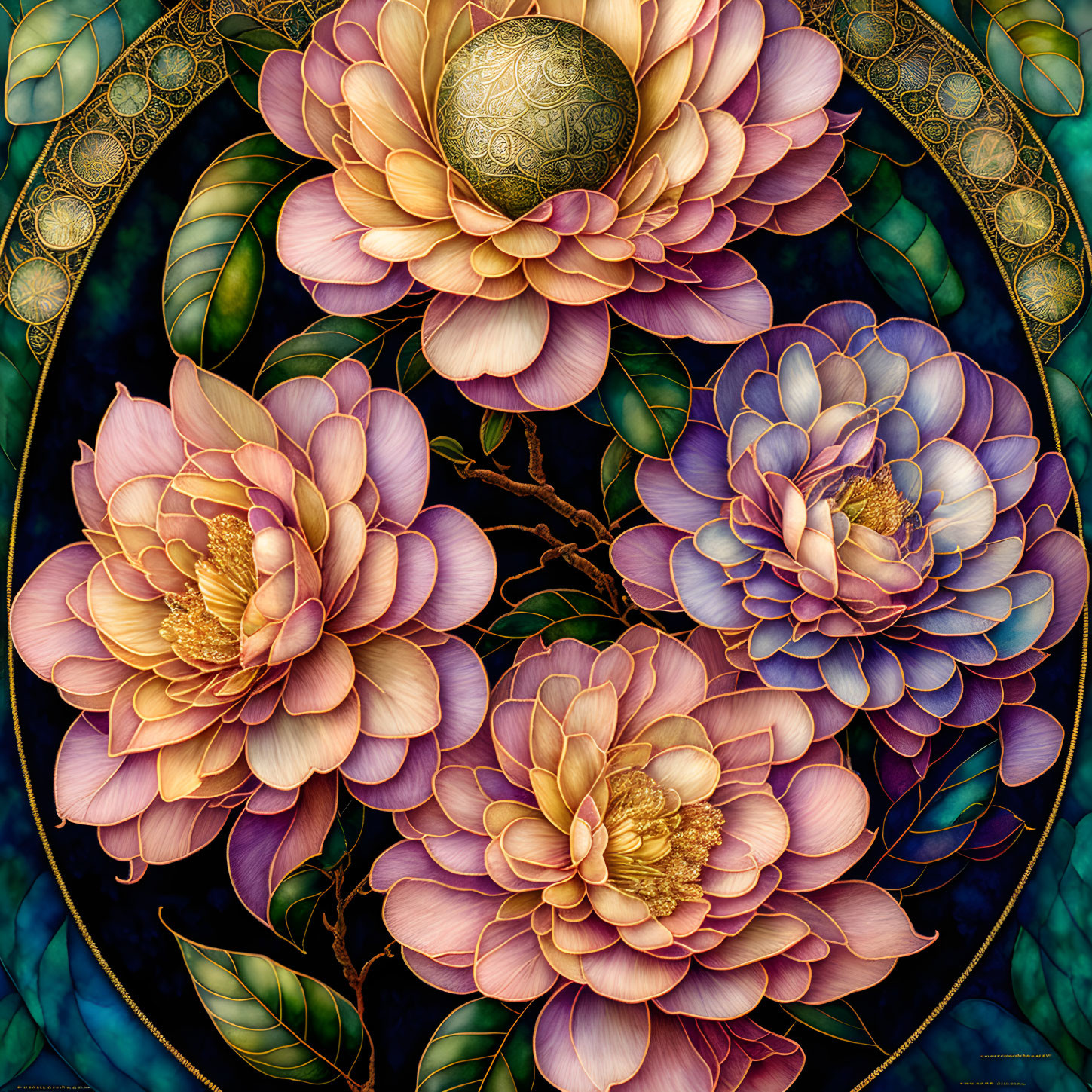 Stylized lotus flowers and golden egg on dark, patterned background