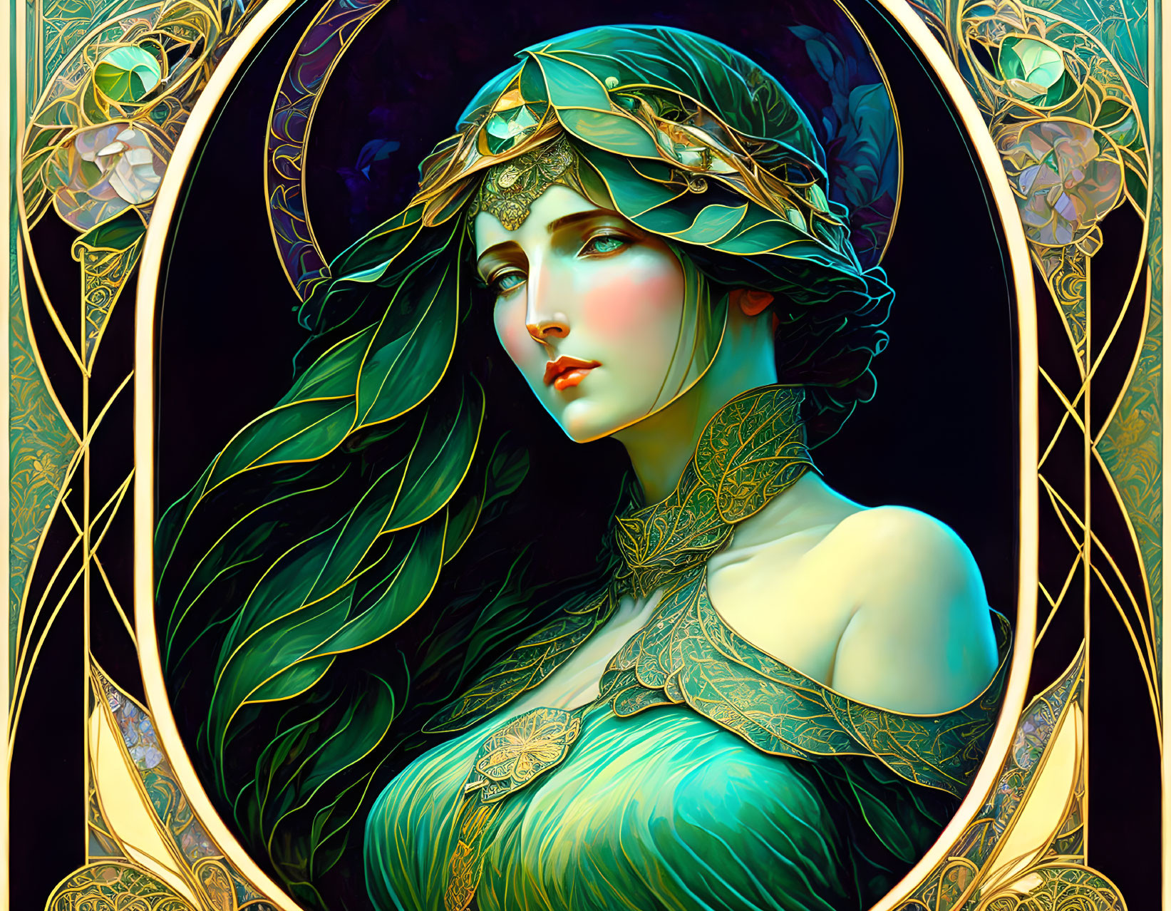 Woman with flowing hair and golden headpiece in Art Nouveau style