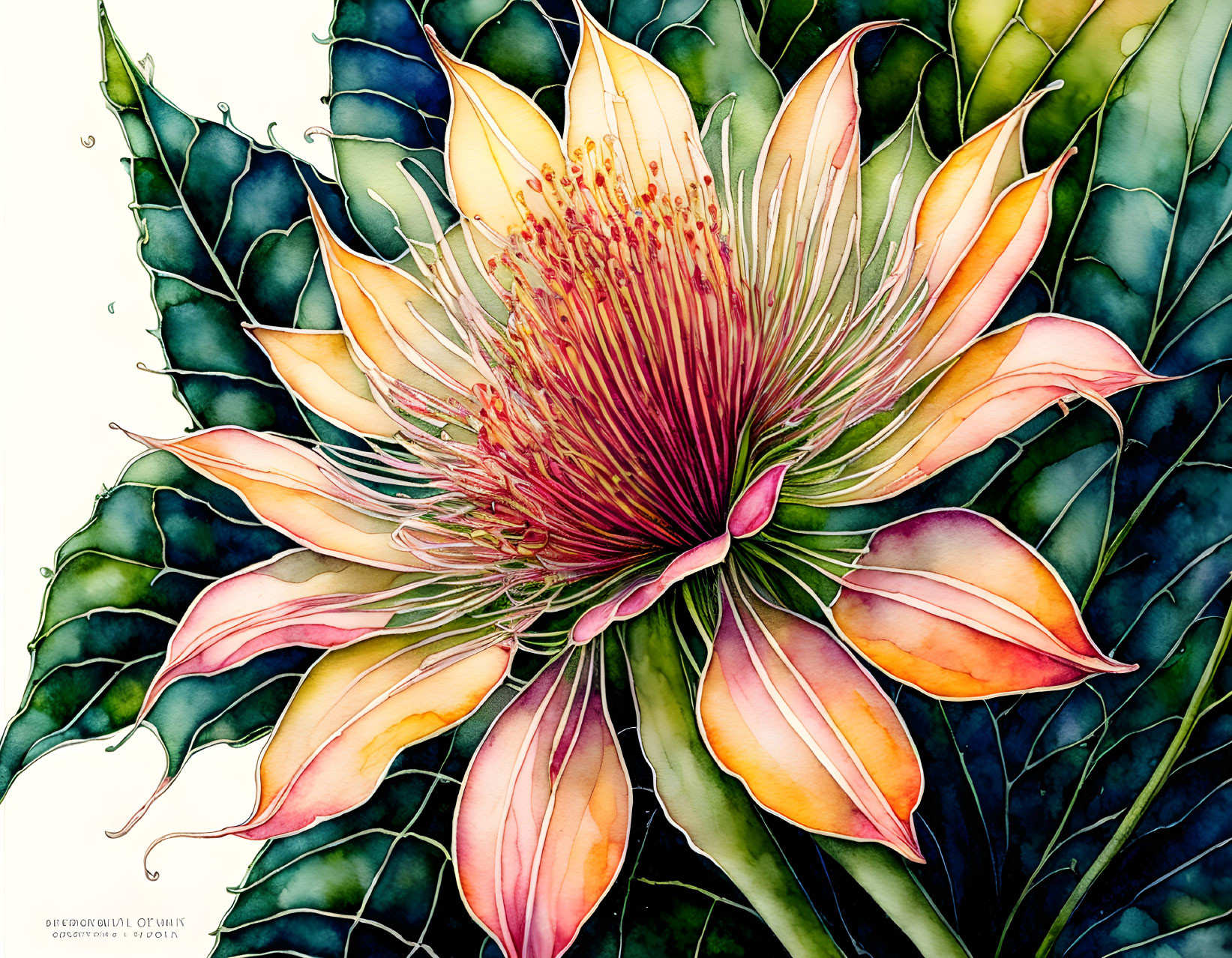 Detailed watercolor painting of vibrant blooming flower and green leaves.