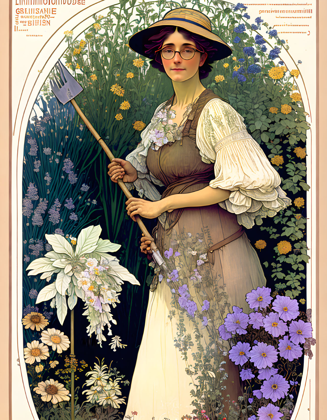 Vintage-inspired illustration of a woman with garden fork in Art Nouveau setting