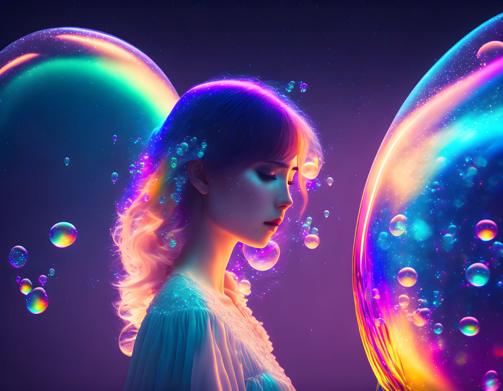 Serene woman surrounded by iridescent bubbles on cosmic backdrop