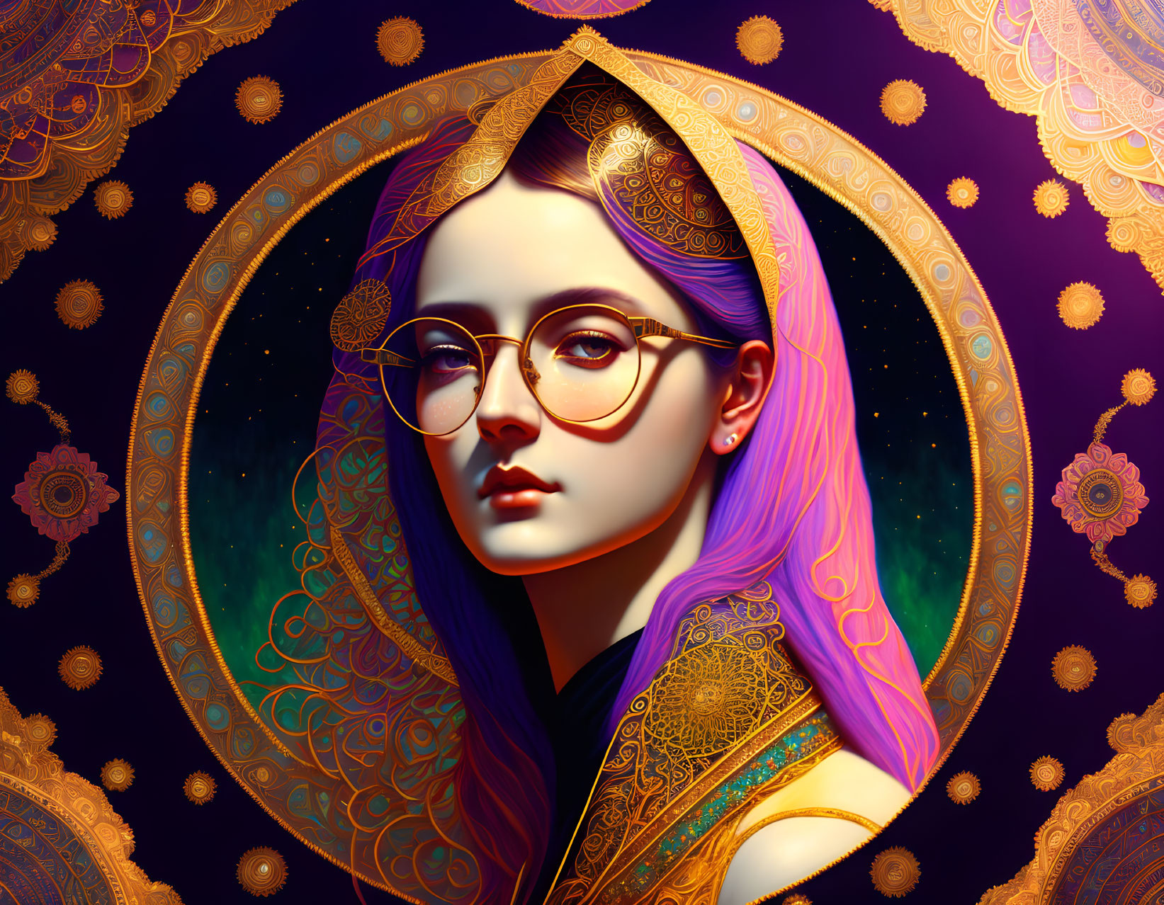 Stylized digital portrait of a woman with glasses in ornate golden halo