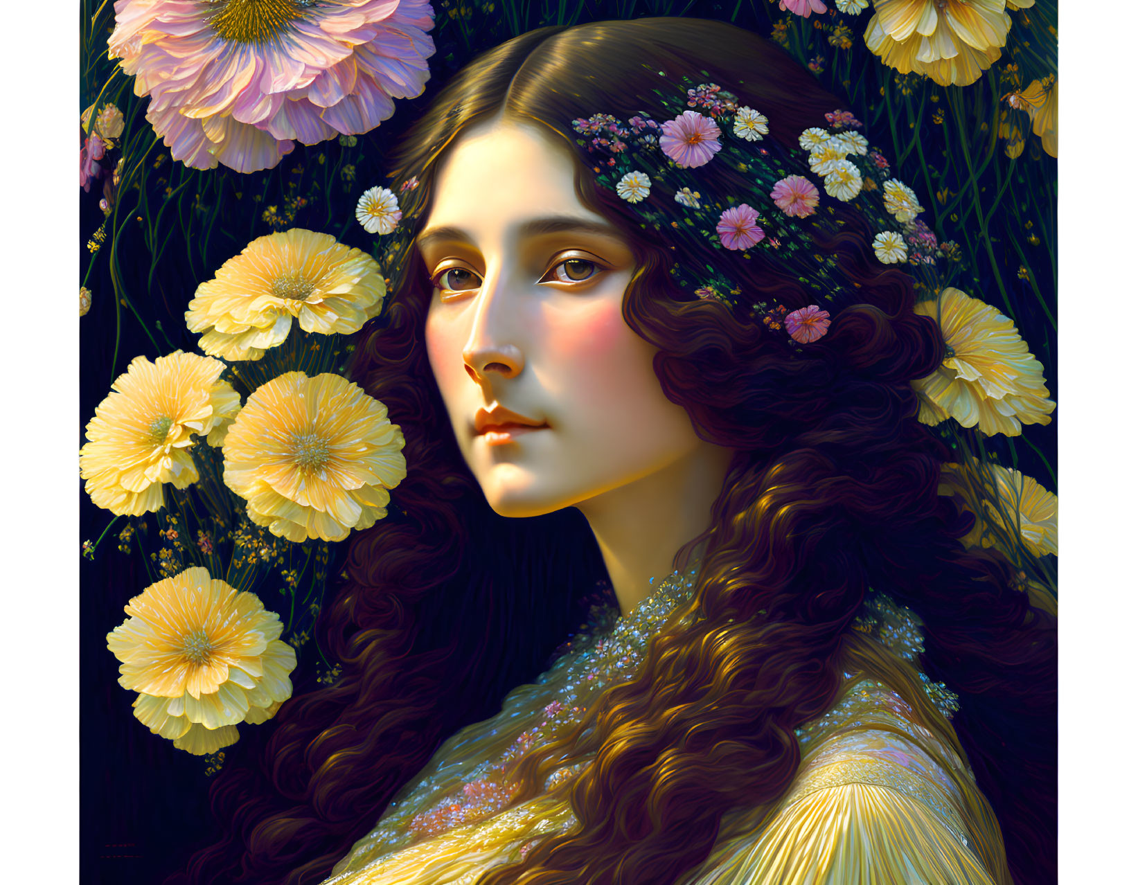 Detailed digital painting of woman with flowing hair and vibrant flowers