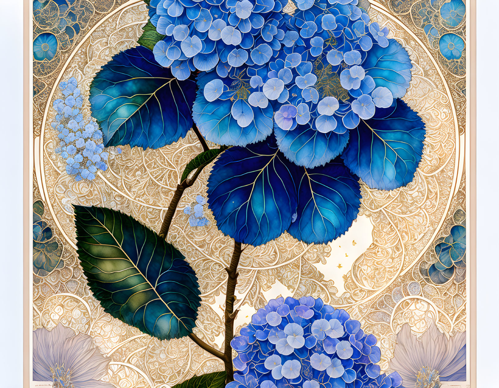 Blue hydrangeas with gold-embellished background and intricate floral motifs.