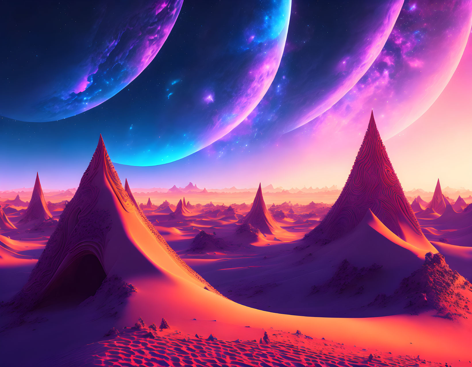 Alien landscape: Pink sands, pointed dunes, triple moon in blue sky