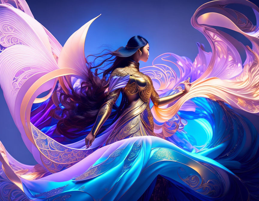 Golden-armored woman in flowing blue robes surrounded by swirling colors and ethereal light patterns.