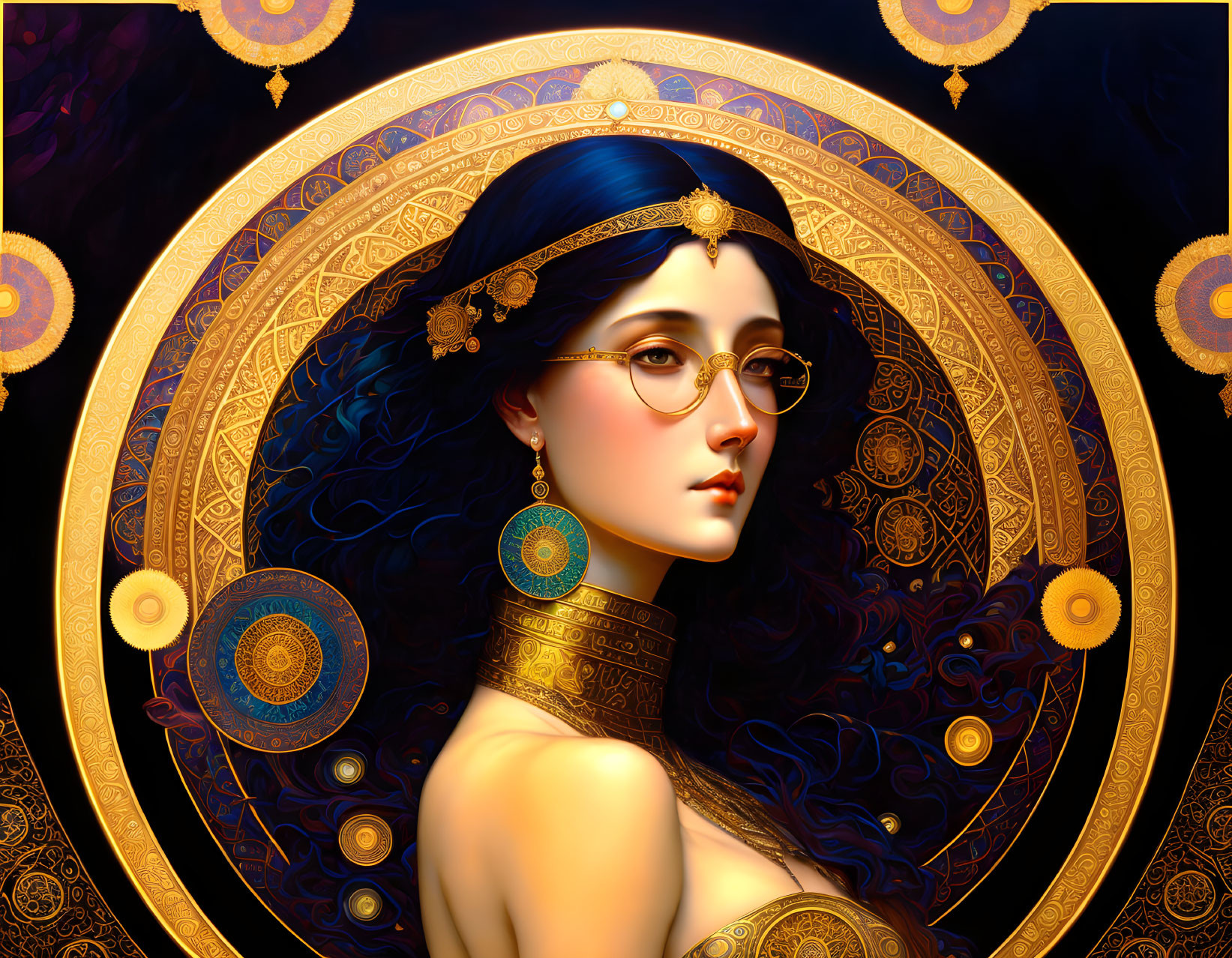 Woman with Blue Hair and Gold Jewelry in Art-Nouveau Style Illustration