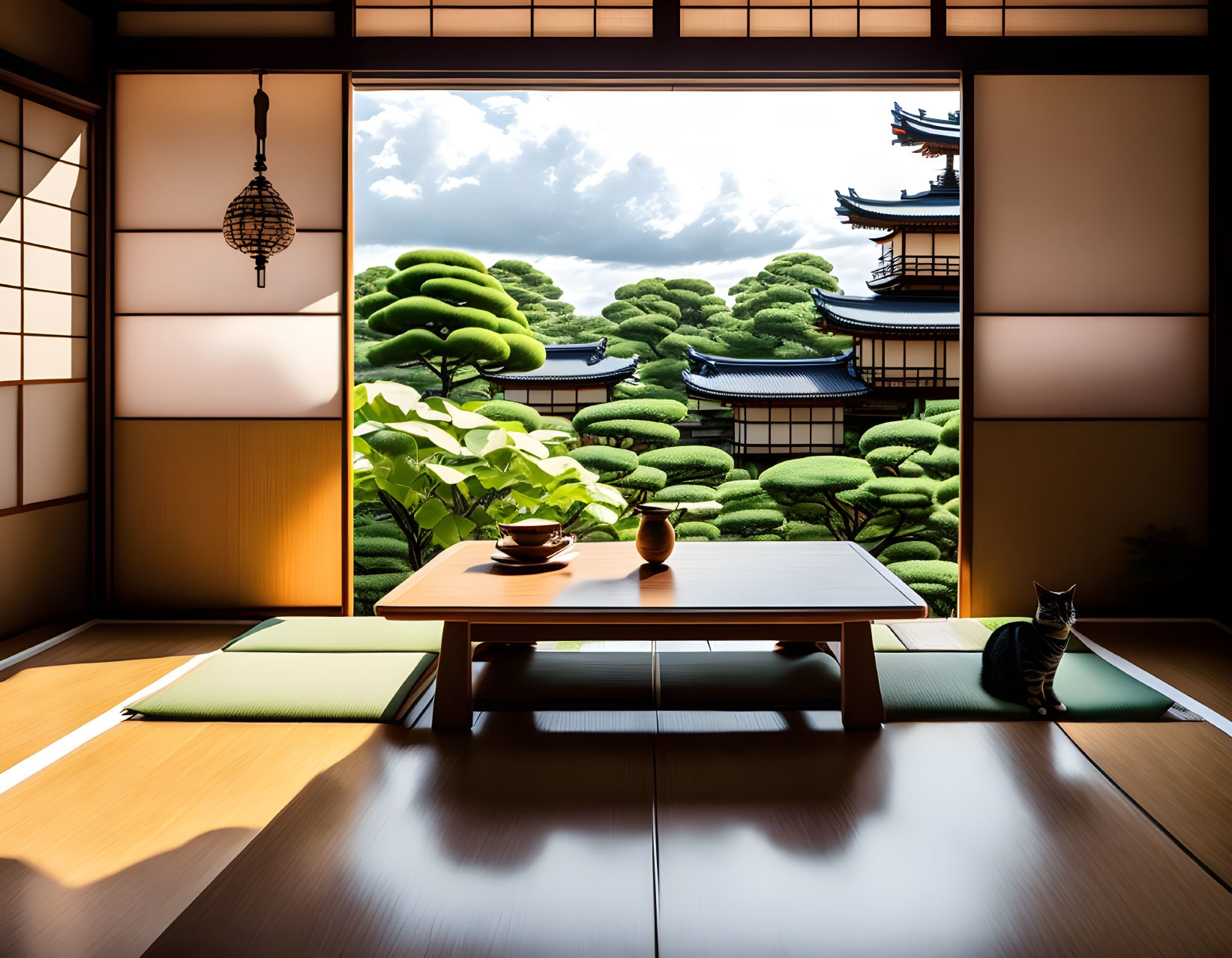 Japanese Traditional Room with Tatami Mats, Bonsai, Shoji Doors, Temple View, Man