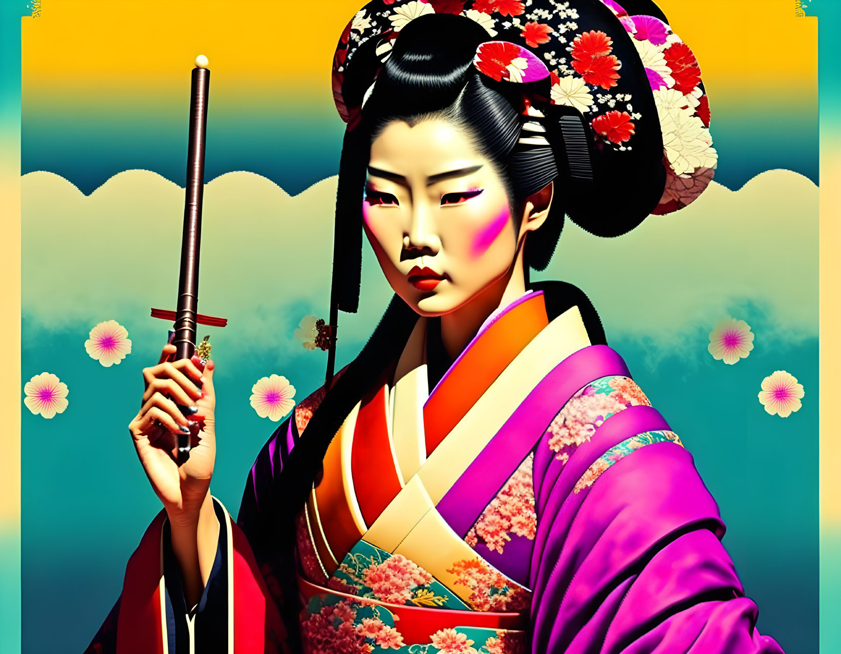 Vibrant digital art: Woman in Japanese attire with katana, floral backdrop