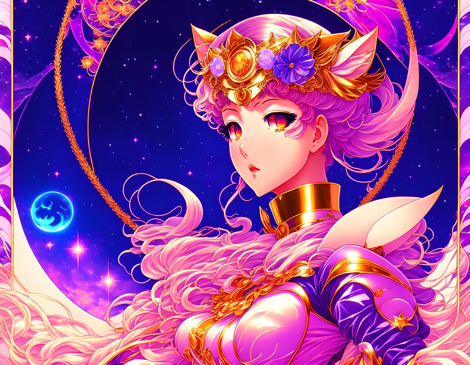 Fantasy character with pointed ears in purple armor on cosmic background