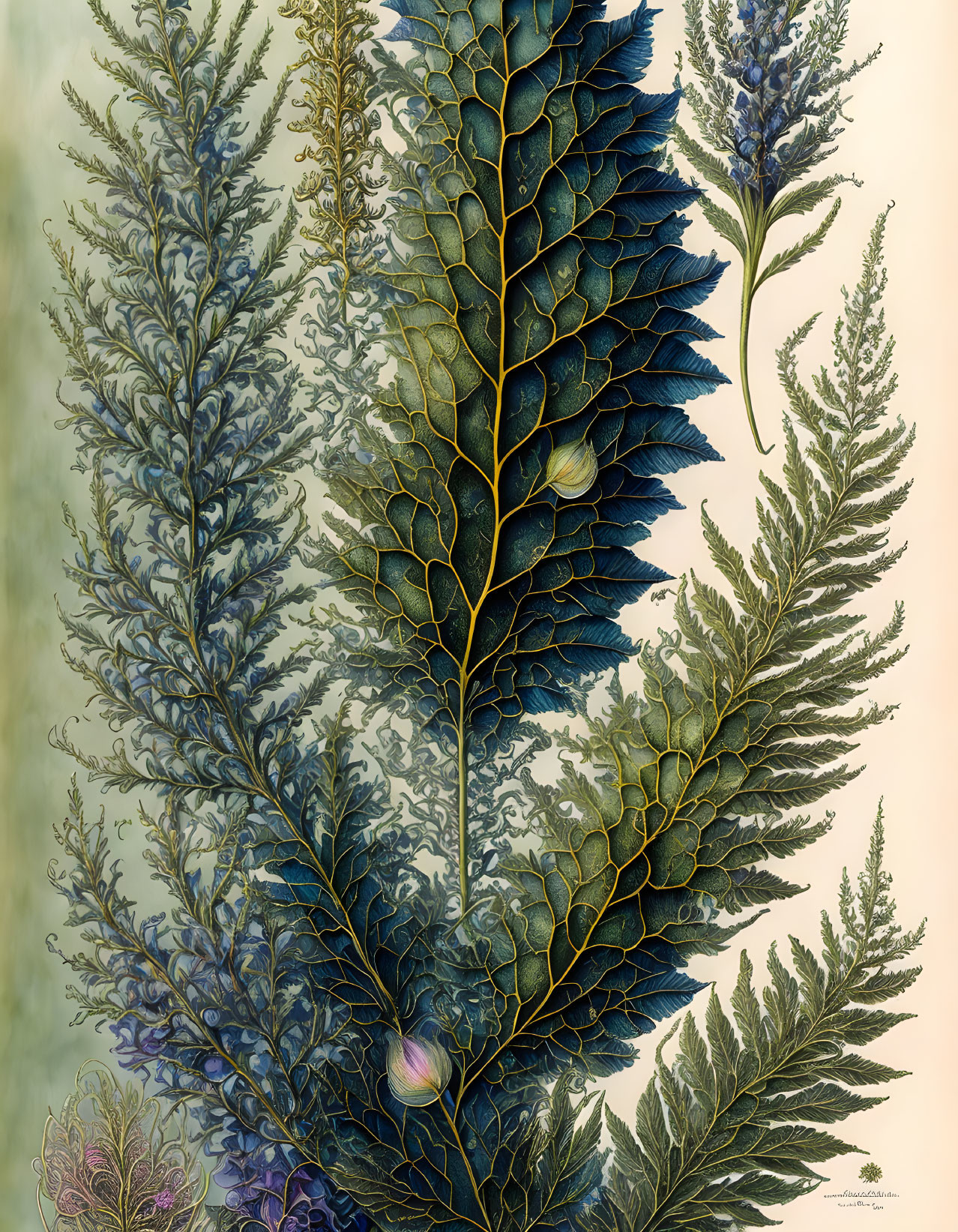 Detailed illustration of green and blue fern leaves on parchment background