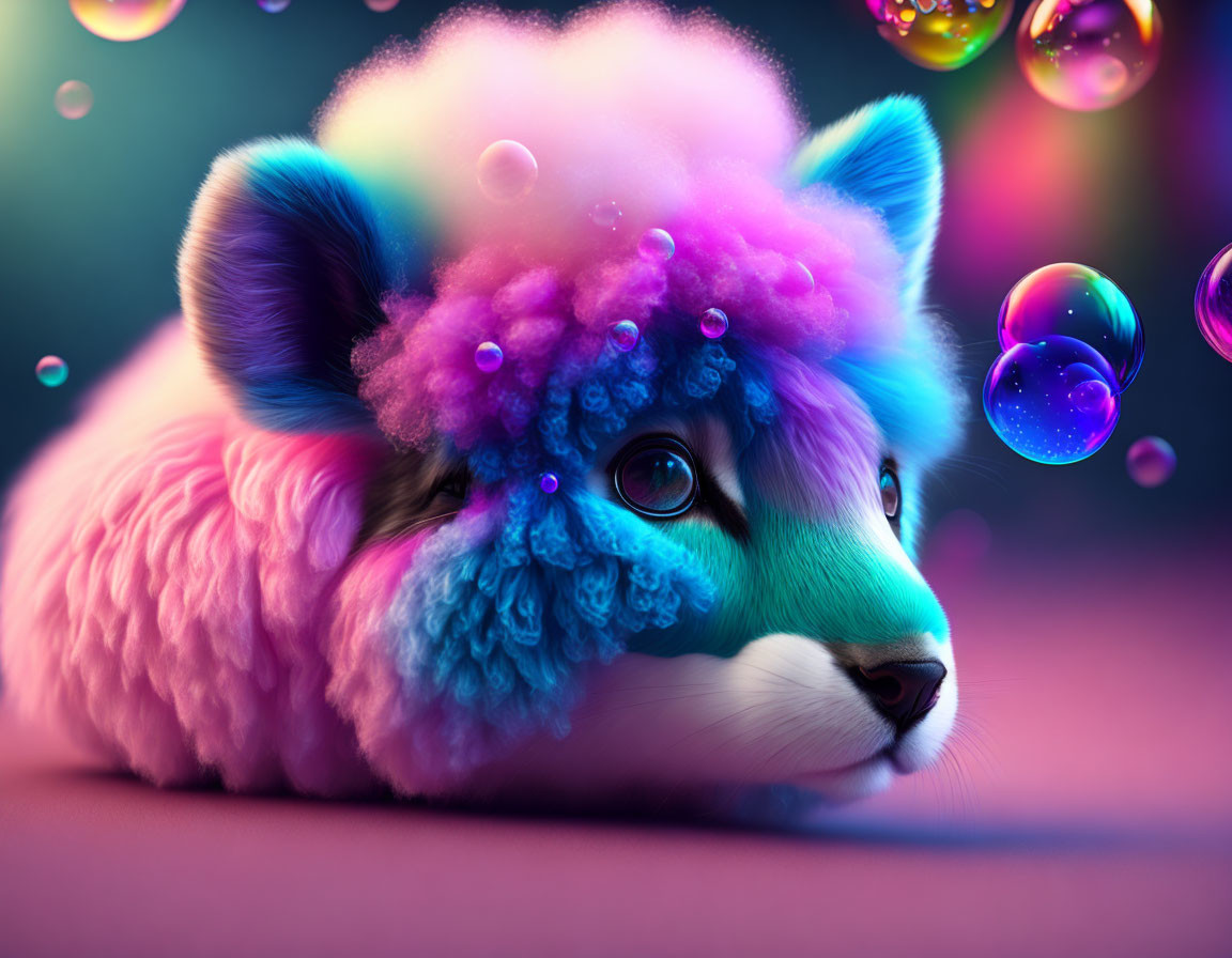 Colorful Fantasy Illustration: Fluffy Animal in Pink, Purple, and Blue Fur