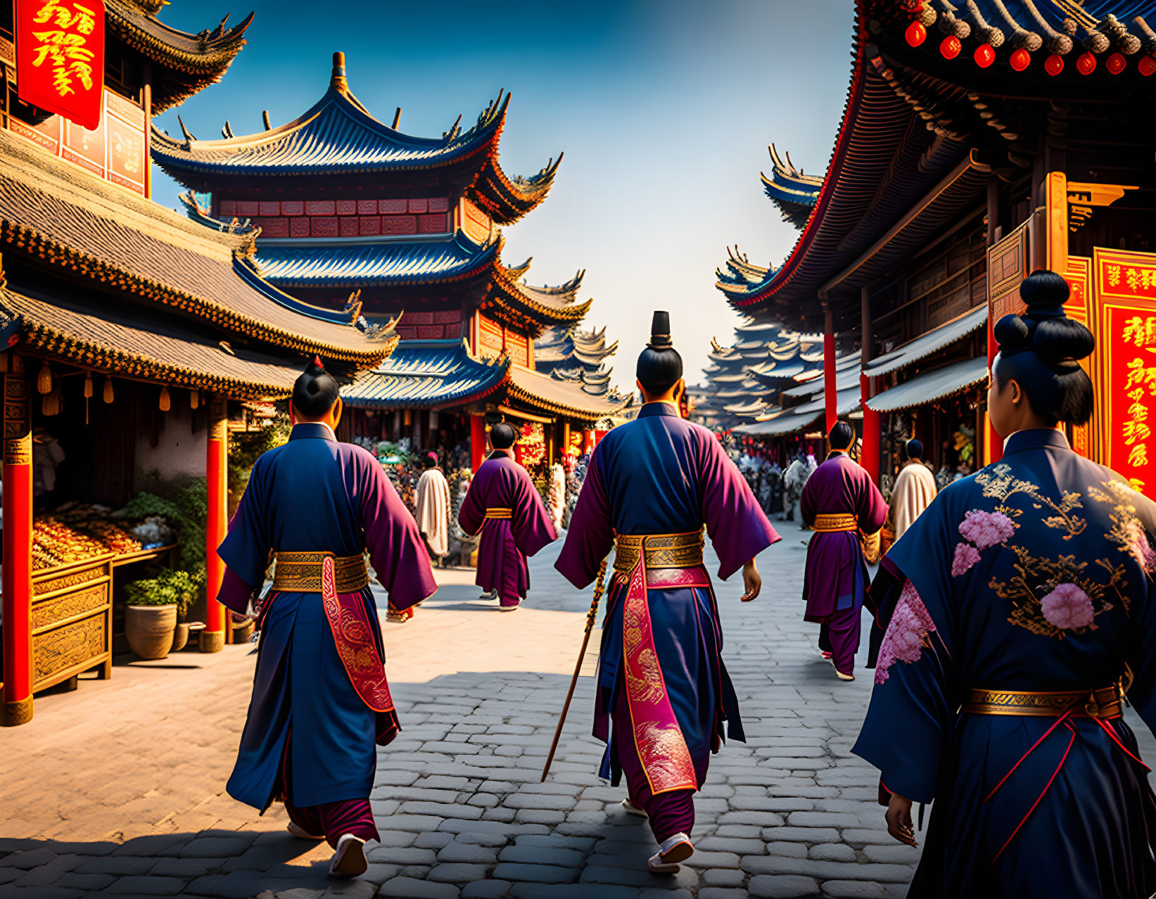 People in East Asian attire on historic street with red lanterns