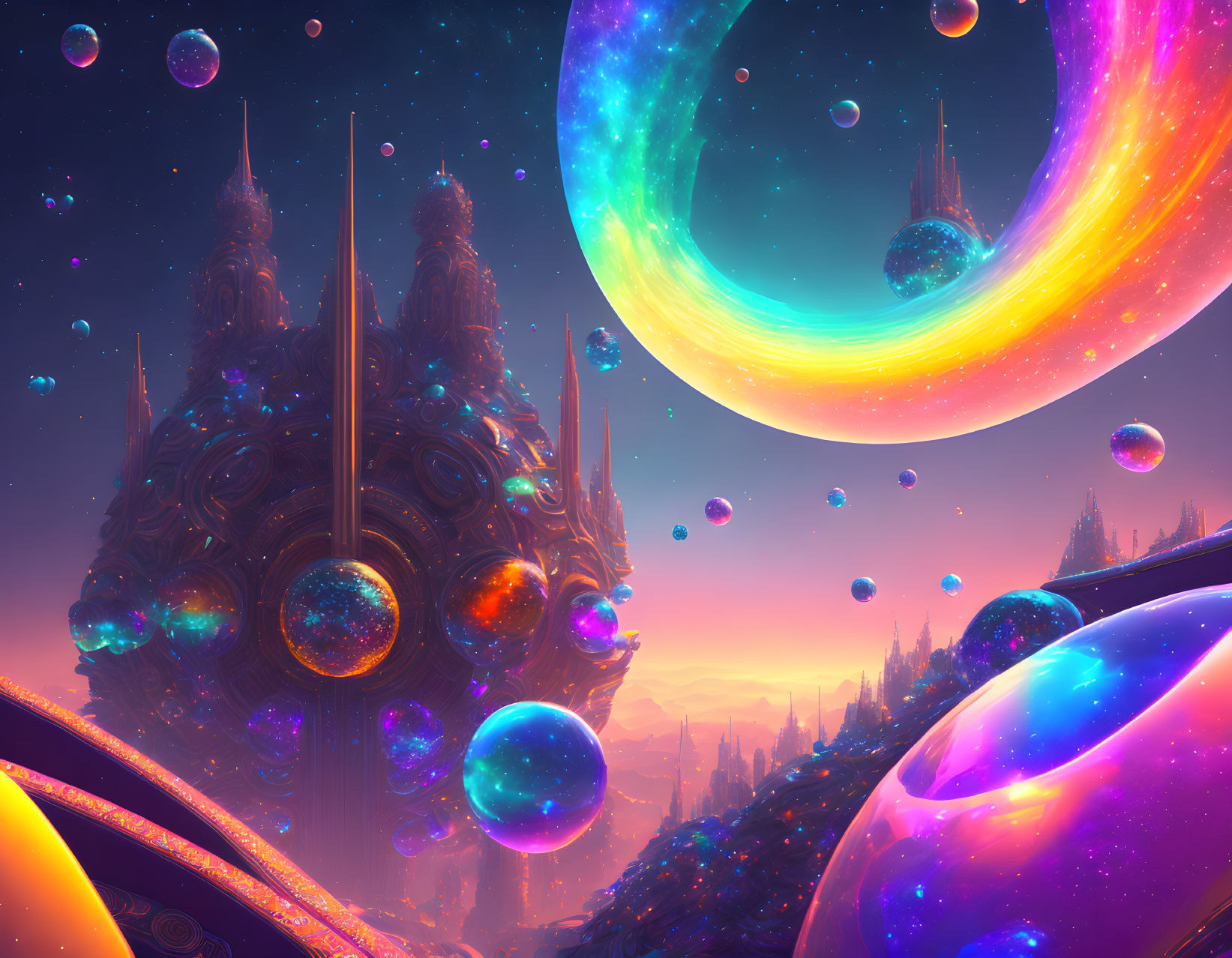 Sci-fi landscape with floating orbs, cosmic rings, and vibrant purple-blue sky.