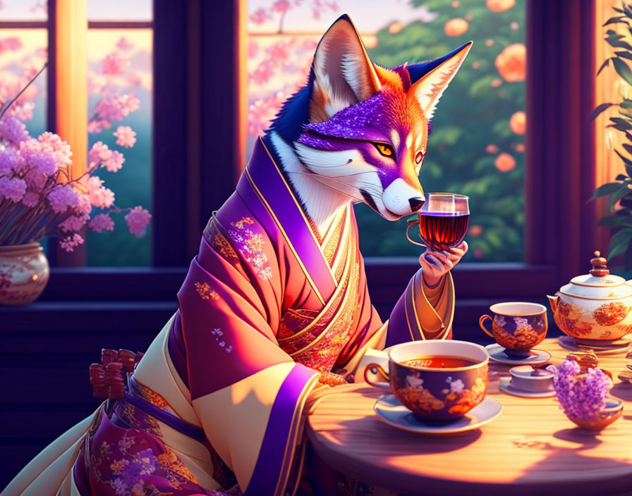 Fox in traditional attire sipping tea at sunset with elegant teaware.