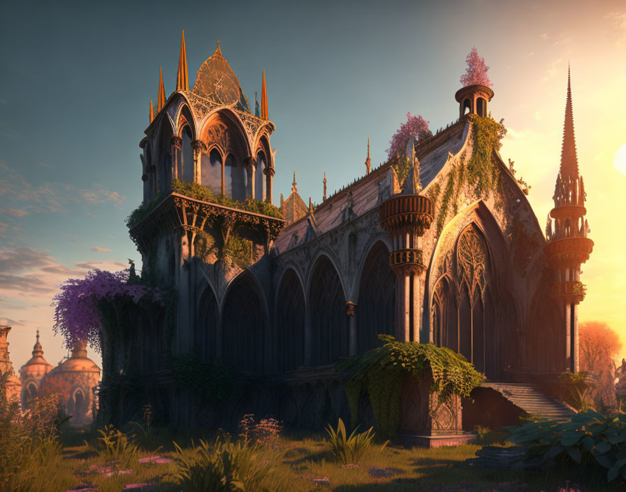 Gothic Style Architecture Covered in Greenery and Purple Flowers at Sunset