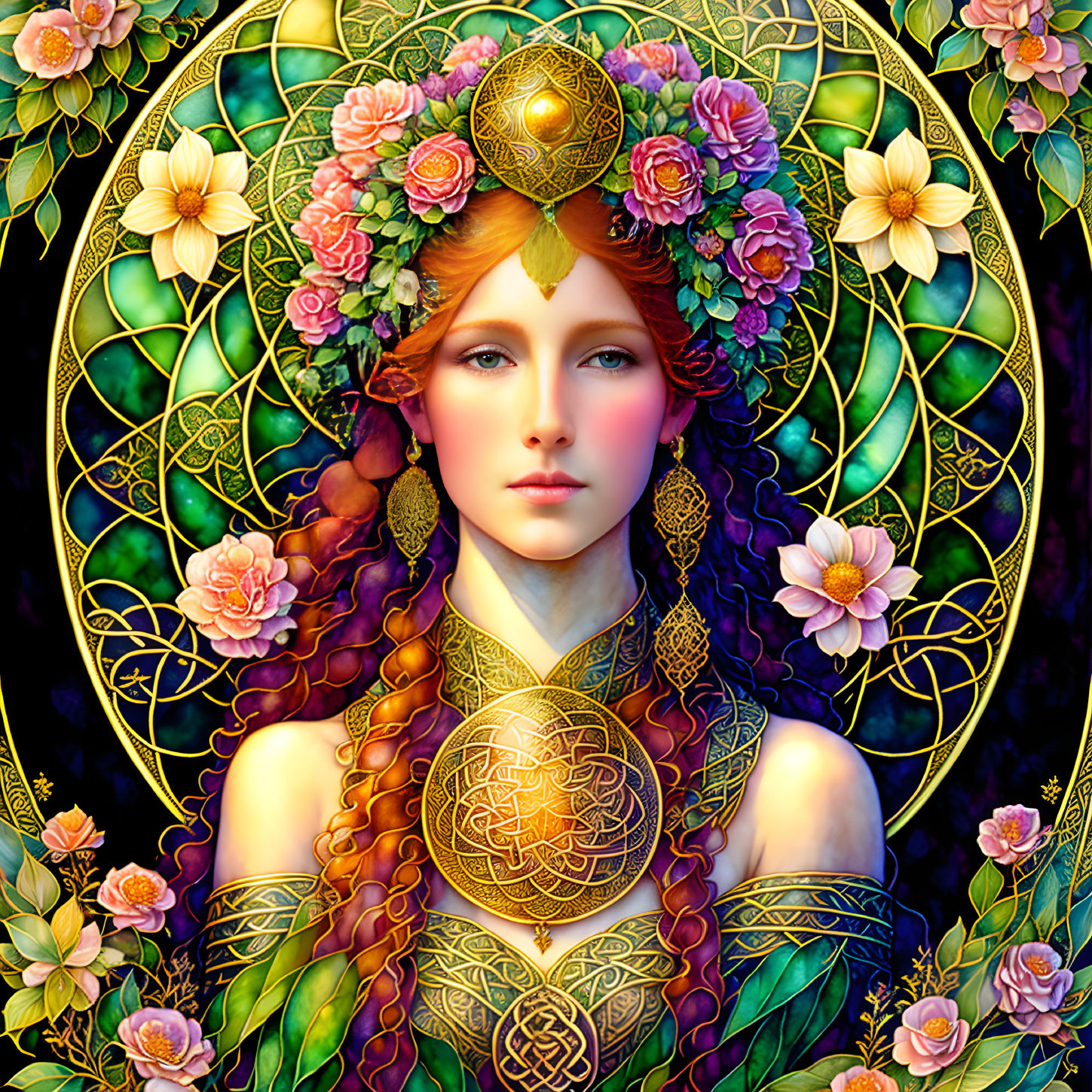 Detailed Illustration: Woman with Red Hair & Floral Crown in Golden Mandala