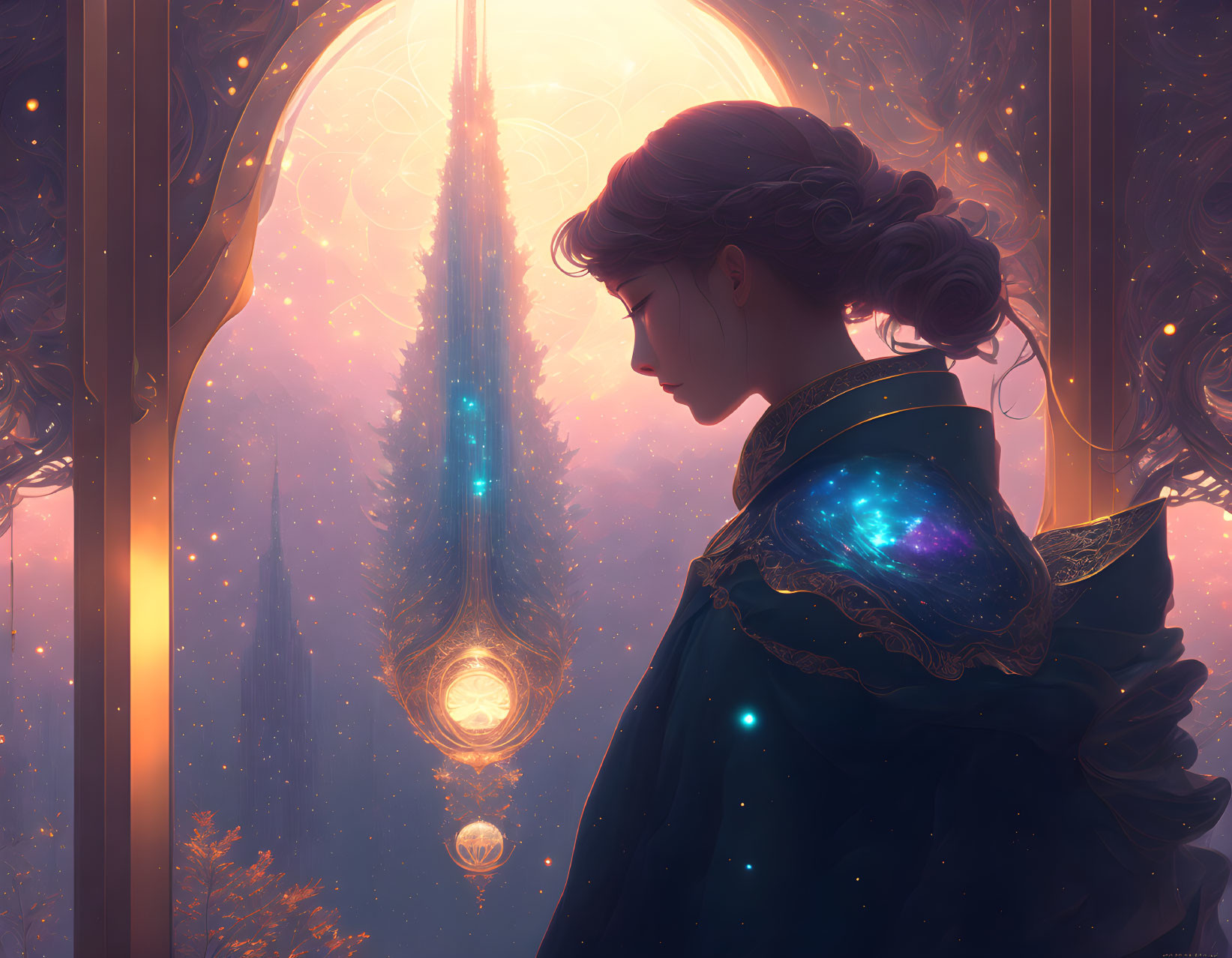 Woman in star-patterned cloak gazes at fantastical cityscape at twilight